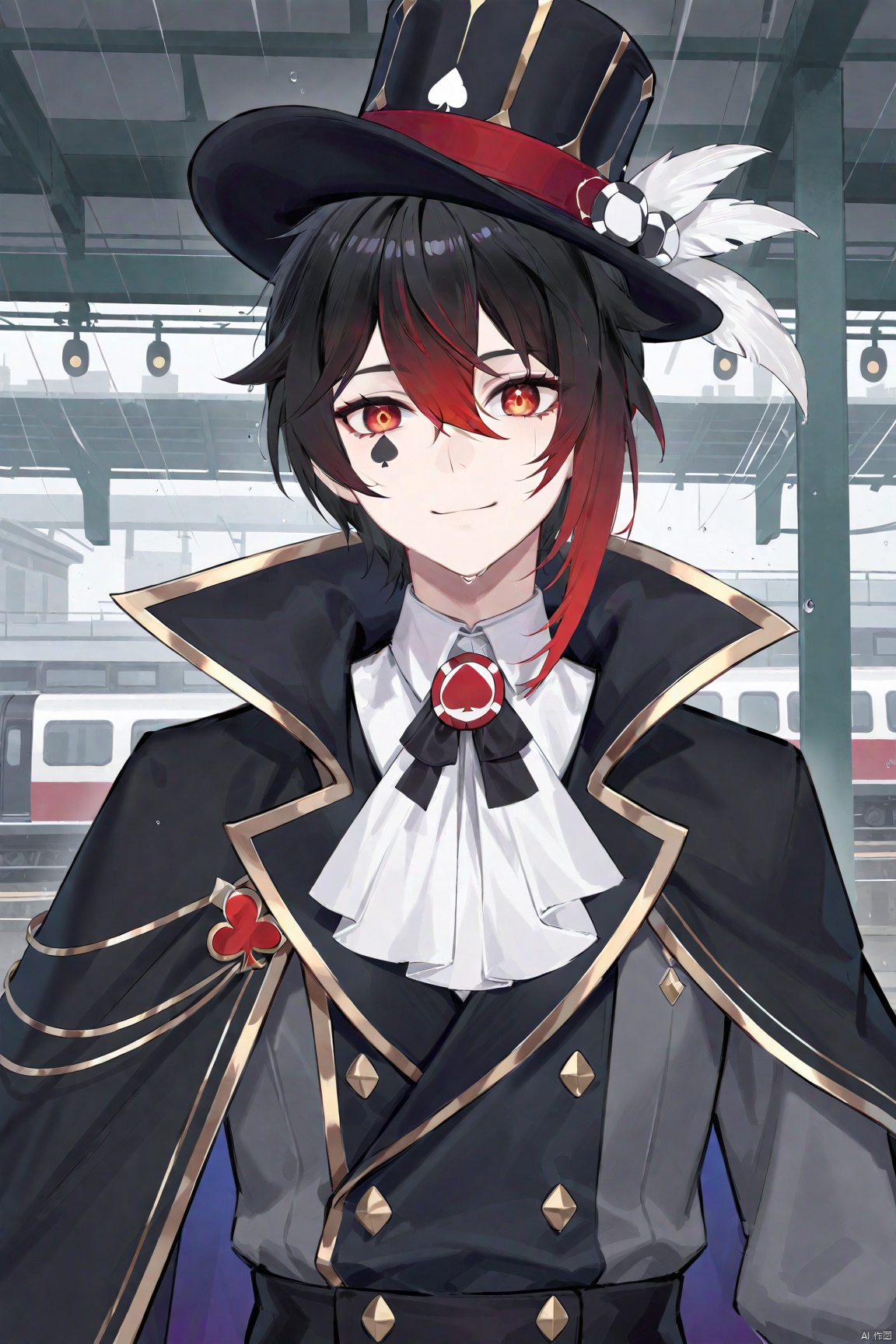 1boy, male focus, black hair, diamond \(shape\), solo, hat, red eyes, red hair,multicolored hair, looking at viewer, smile,gradient hair, white ascot, upper body, spade \(shape\), closed mouth, hair between eyes, top hat, ascot, facial mark, shirt, cape,masterpiece, best quality, perfect anatomy, bright eyes, watery eyes, male, solo, baggy clothing, (open smile:1.1), gentle, looking at viewer, train station, rain, (waterdrop:0.9), grey sky, raining, (fog:0.4), detailed eyes, shota,CUXIAN,black skin, dark dream