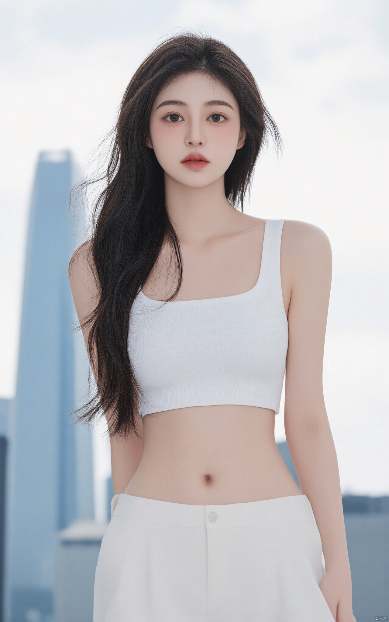 a young Asian woman stands in front of a backdrop of skyscrapers. She is dressed in a white bikini top and white shorts, her hair cascades over her shoulders. Her eyes are a piercing blue, her lips are pursed in a pink hue. Her hair is long and cascades in a ponytail, adding a touch of movement to her face. The sky is a muted blue, with a few wispy clouds in the distance.