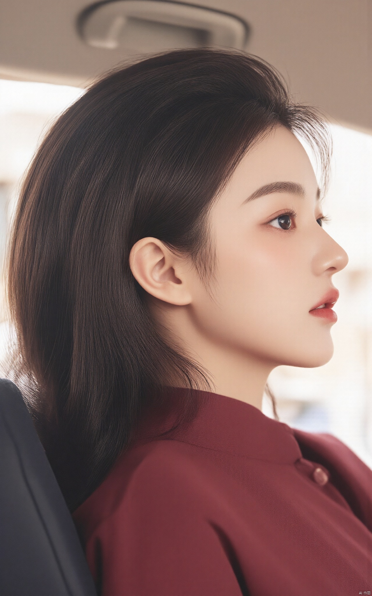 A close-up shot of a woman's face, positioned in the back seat of a car. The woman's eyes are blue, and her hair is long and cascades down to her shoulders. She is wearing a maroon shirt, and she has a red lipstick on her lips. Her hair is pulled back in a ponytail, adding a pop of color to her face. The backdrop is blurred, with a building visible in the distance.