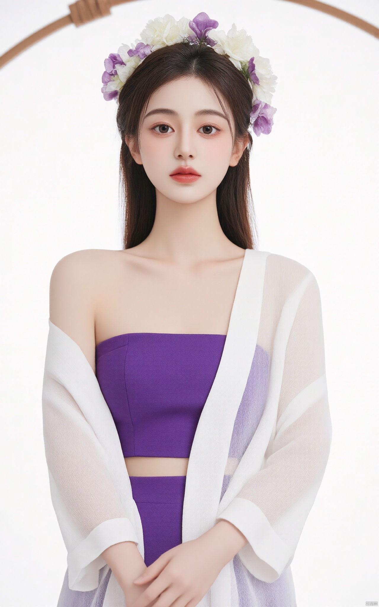 a young Asian woman stands in front of a white backdrop. She is dressed in a purple strapless dress adorned with white flowers. Her hair is styled in a wreath of purple flowers, adding a touch of beauty to the scene. Her dress is adorned with a sheer sheer white robe draped across her body. Her hands are clasped in her lap. Her eyes are a piercing blue, her lips are a darker shade of blue. Her eyebrows are a light brown, and her hair is a darker brown. The backdrop is a stark white, with a brown circle in the center.