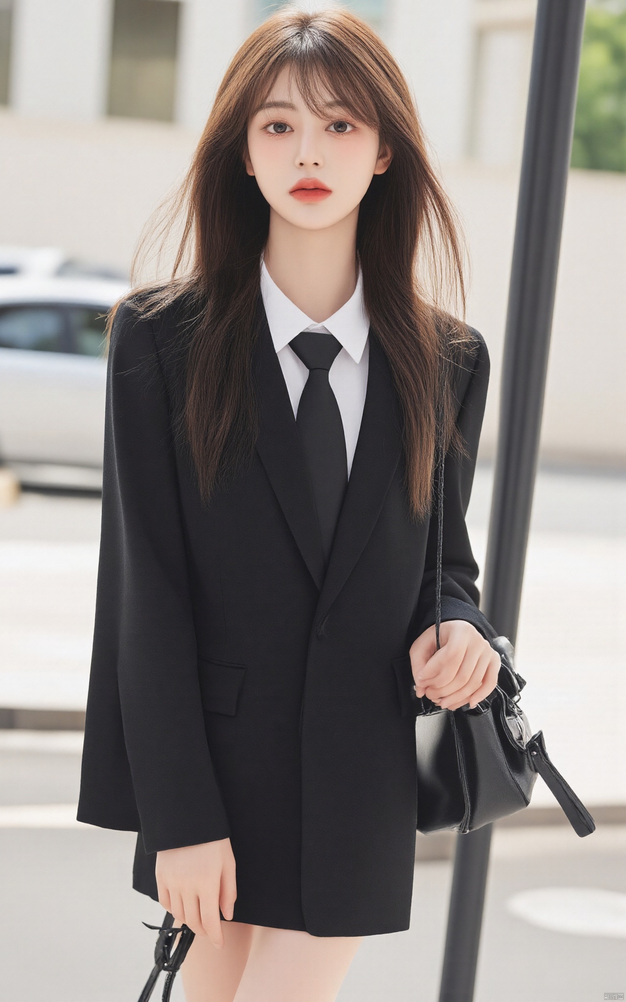 a young Asian woman stands on a city sidewalk, her long brown hair cascades over her shoulders. She is dressed in a black blazer, a white collared shirt, a black tie, and a black skirt. Her skirt is short and pleated, and she is holding a black purse in her left hand. The woman's left hand is resting on her hip, and her right hand is draped over her left shoulder. A black pole is to the right of the woman, adding a touch of contrast to the scene. A car can be seen parked on the street in the background.