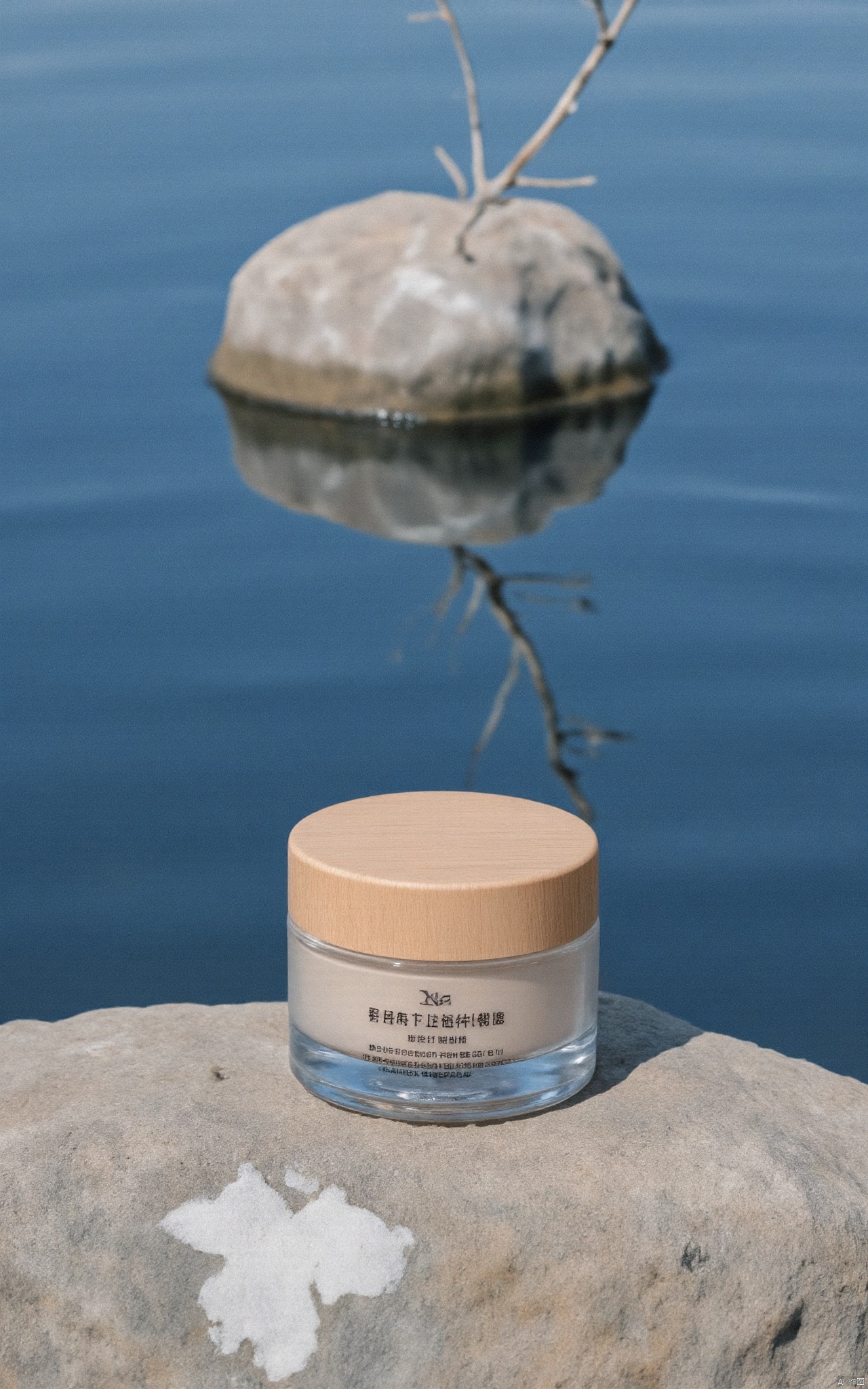A light brown jar of skin care cream with a wood texture lid,front view,with a high-end feel,high resolution,clear details,natural lighting,and in the style of high quality photography. The overall color tone creates an elegant atmosphere. It uses glass material for packaging to highlight luxury and elegance,in the style of high-end photography. In the center of an endless lake,the moon is reflected in the water,and there is an stone. A dead branch sticks out from under it. Dewdrops hanging on the branches,a scene of cold dew.The moon shines on everything,creating beautiful reflections on the water surface .Slight reflection of water waves. The scene features an ethereal misty blue background and subtle reflections of light.It's **** being lost between dreams and reality. Photorealistic in the style of Chinese wind,