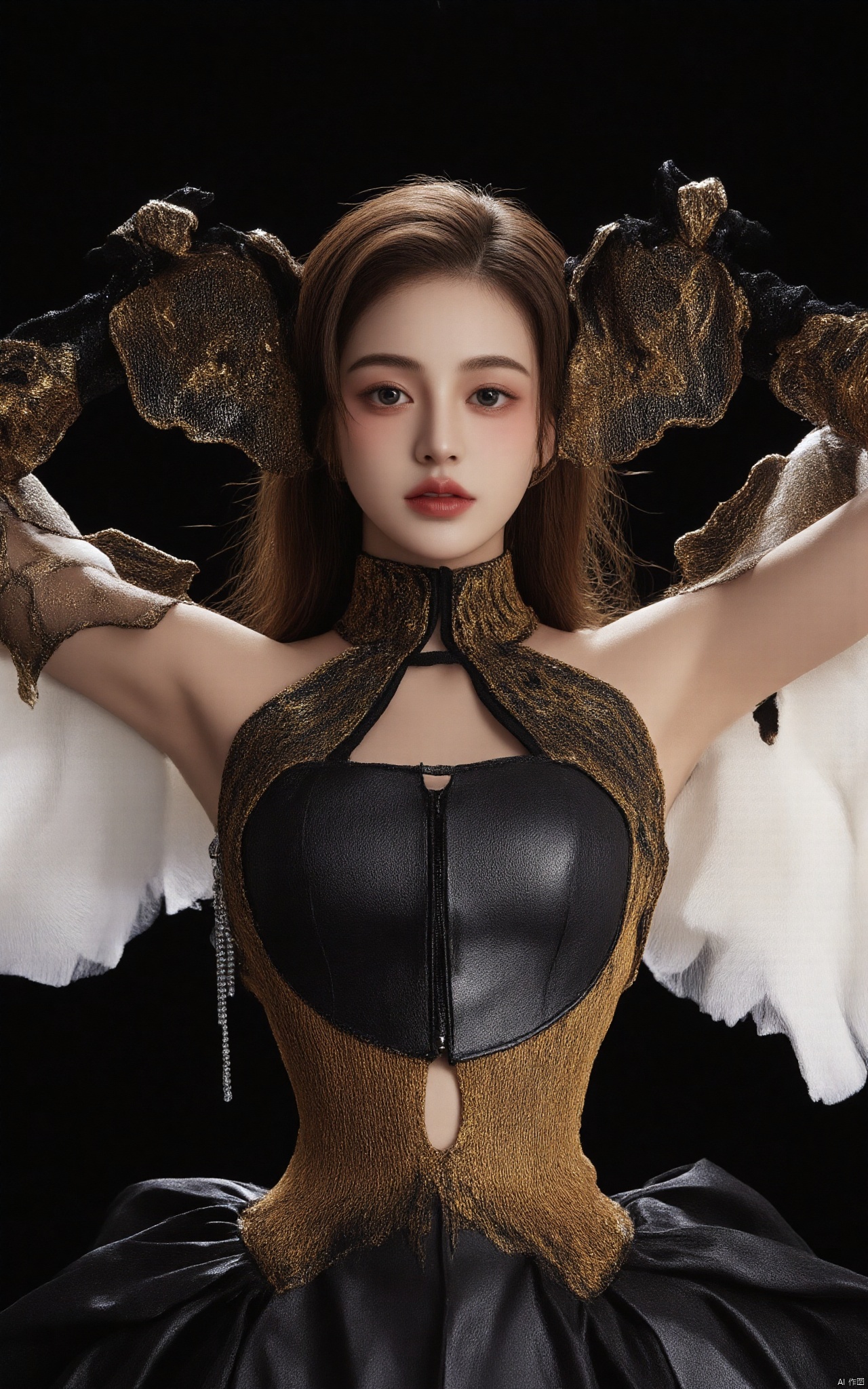 a woman dressed in a black and gold armor, adorned with wings on her shoulders and arms. Her eyes are a piercing blue, her hair is a dark brown, her eyes a piercing yellow, and her arms are raised in the air. The background is a deep black, creating a stark contrast to the woman's armor.