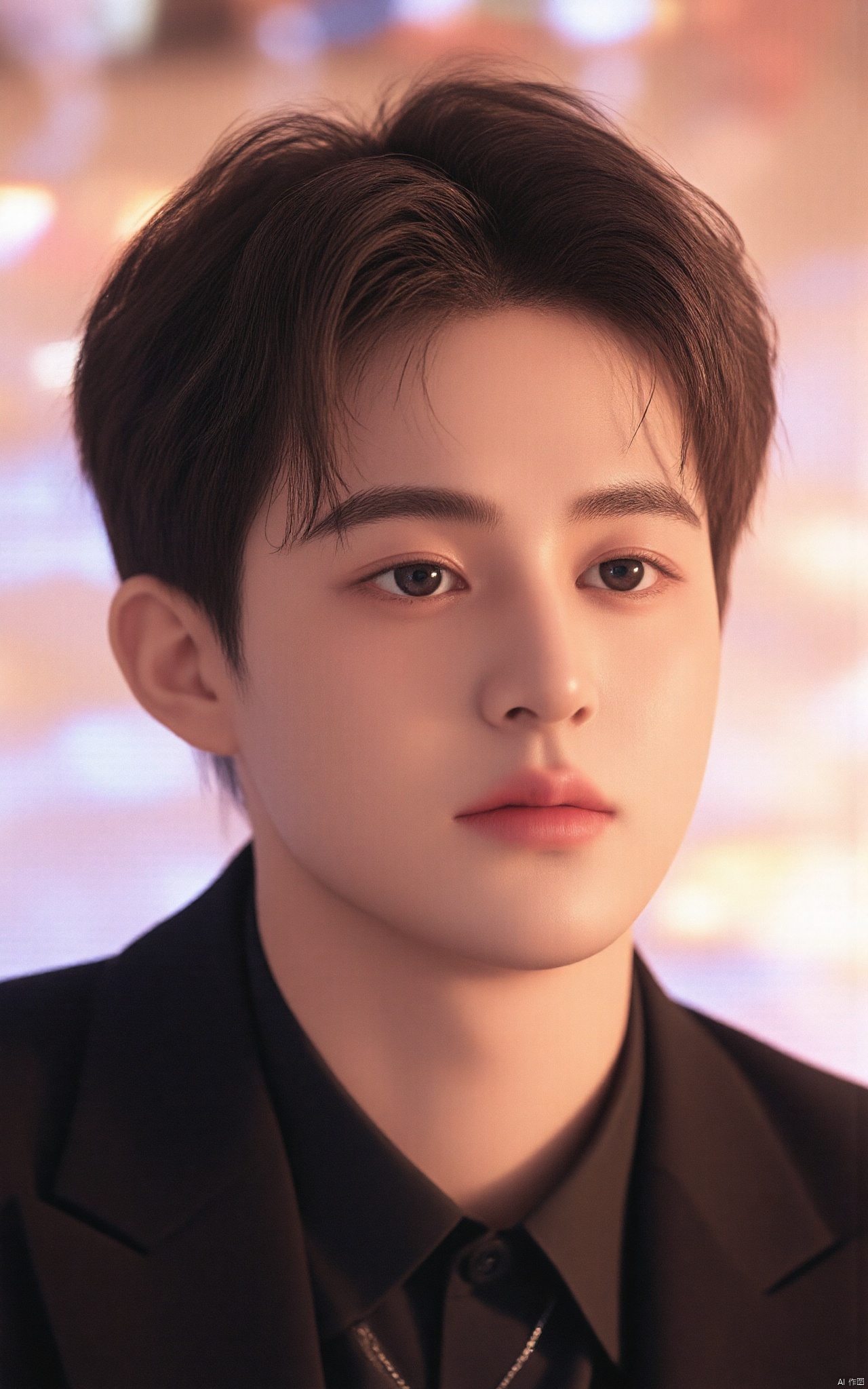 Captured at eye-level, a close-up shot of a young man with dark brown hair, a black blazer, and a silver necklace around his neck. The backdrop is blurred, with a backdrop of colorful lights. The man's gaze is directed towards the right side of the frame, and his lips are slightly parted, as if he's looking to the left. His eyebrows are a dark brown, and he has a slight smile on his face. He's wearing a black button-down shirt with a black collar.