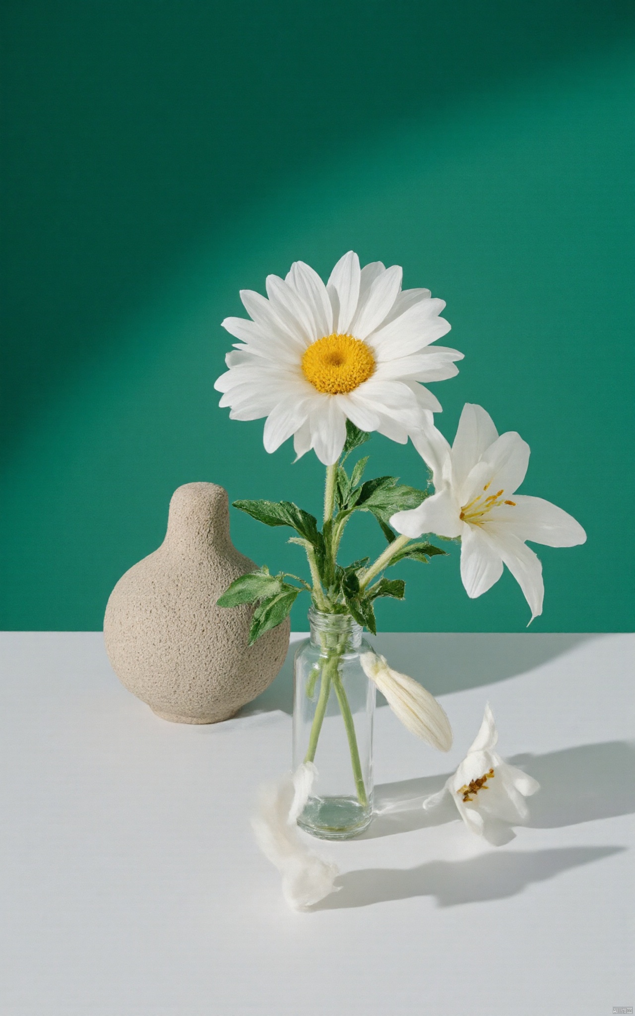A close-up shot of a giant chamomile flower, with its delicate white petals and yellow center, sitting atop a small stone bottle. A lily flower nearby adds contrast in texture and color. The flowers are set against a gradient green background that transitions to white at the top. Soft ambient light illuminates the scene, highlighting the intricate details of the blooms. The overall composition is simple yet striking, with the unique pairing of flowers and vessel creating visual interest.