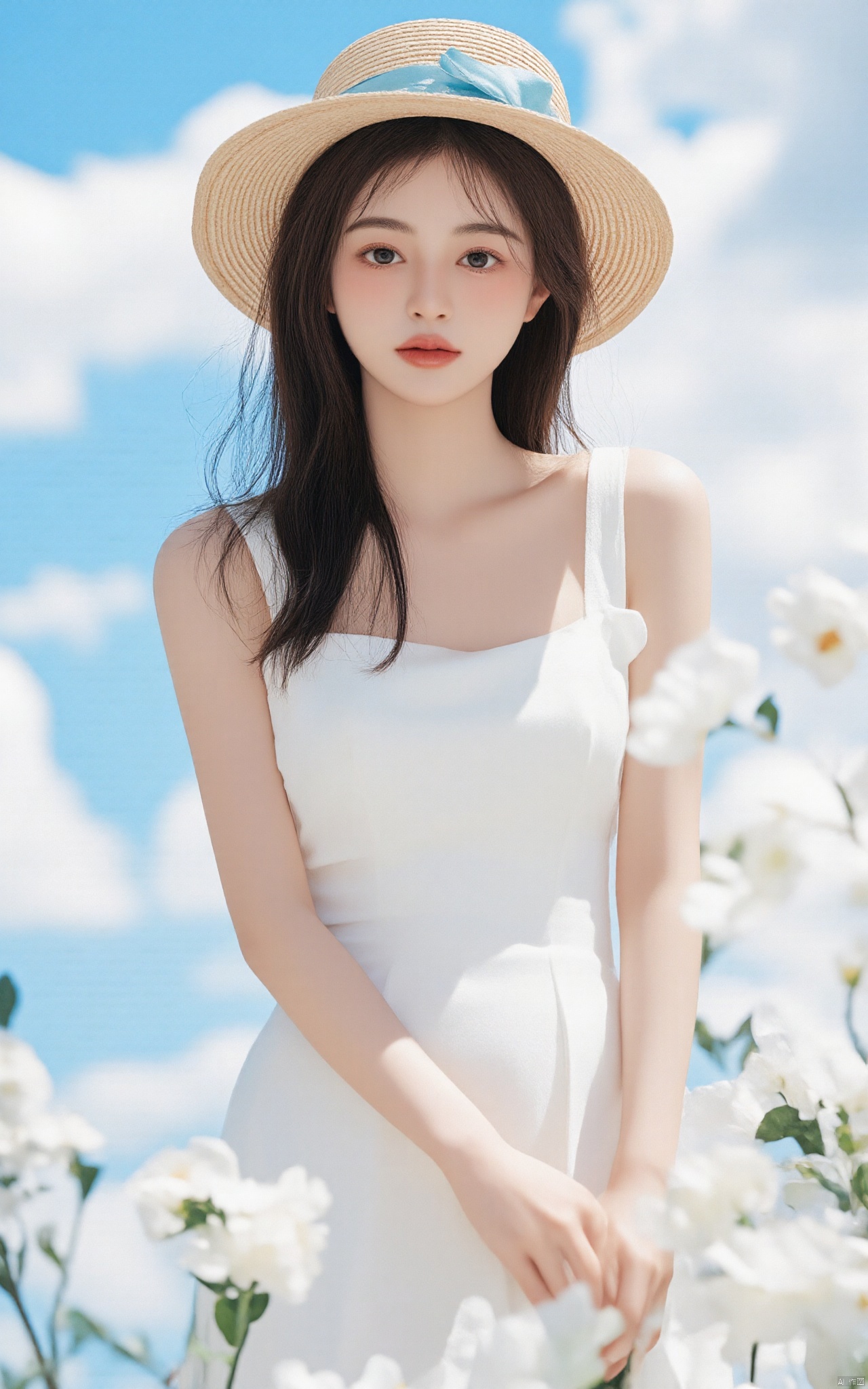 a young Asian woman stands in front of a backdrop of white flowers. She is dressed in a white strapless dress, adorned with ruffles on the shoulders and a straw hat adorned with a blue ribbon. Her hair is long and cascades over her shoulders, adding a touch of warmth to her face. The sky is a brilliant blue, dotted with fluffy white clouds.