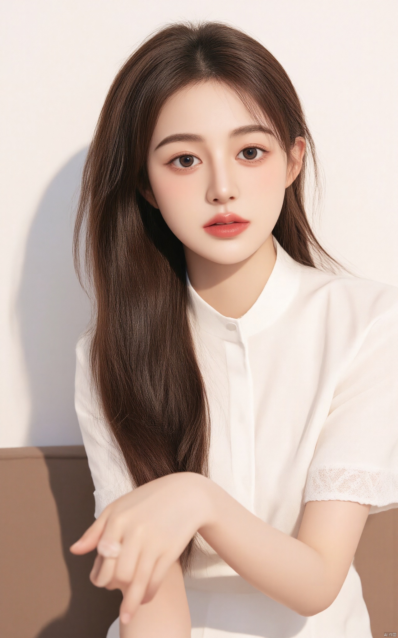 a medium-sized Asian woman with long, straight brown hair is seated on a brown couch. She is wearing a white sleeveless blouse with a white lace trim. Her lips are a light pink color, adding a touch of pink to her lips. Her eyes are a piercing blue, and her eyebrows are a darker shade of brown. The backdrop is a plain white wall, and a shadow is visible on the left side of the image.
