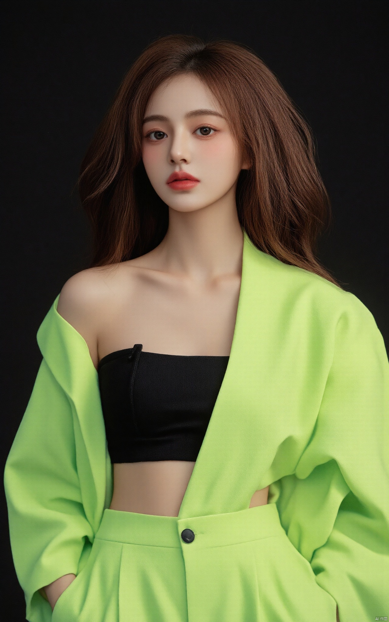 a vibrant vibrant woman stands in front of a dark backdrop. She is dressed in a neon green outfit, adorned with a black bra and a black belt. Her hair is styled in a bob, adding a pop of color to the scene. The woman's eyes are a piercing blue, her lips are a darker shade of blue, while her hair is a light brown. She has a serious expression on her face. The lighting is subdued, creating a stark contrast to her outfit.