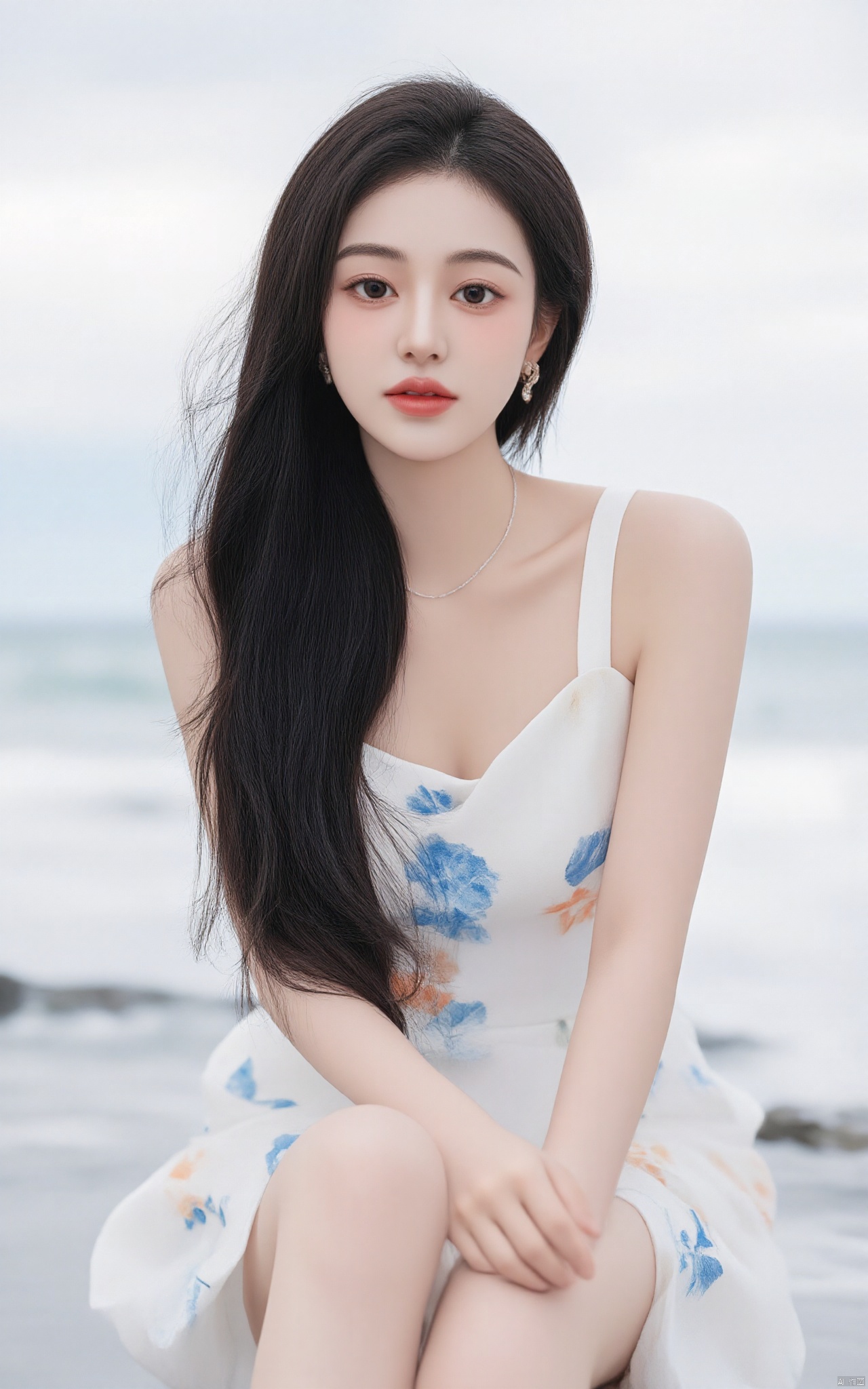 a beautiful Asian woman is seated on the beach, her long dark hair cascades over her shoulders. She is wearing a white strapless dress adorned with blue and orange flowers, and a silver necklace. Her earrings are dangling from her ears, adding a pop of color to her face. The backdrop, a serene sea, is blurred in the distance. The sky is a muted blue, with a few wispy clouds in the air.