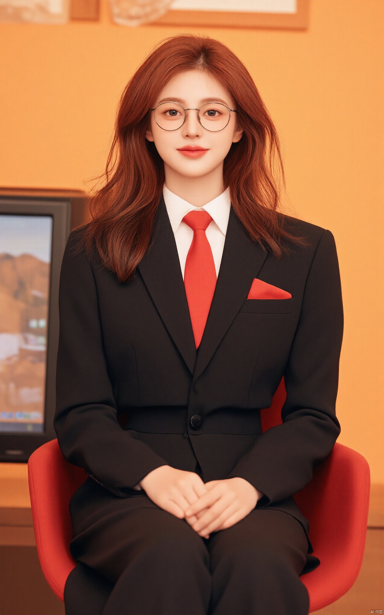 a vibrant red-haired woman, dressed in a black suit and red tie, is seated on a red chair. She is smiling, with her hands clasped in front of her. Her hair is cascading over her shoulders, framing her face. She's wearing a pair of black rimmed glasses, a white button-down shirt, and a red pocket on her lapel. The backdrop, a wooden wall, is adorned with a black frame, adding a touch of color to the scene. To the left of the frame, a computer monitor is visible.