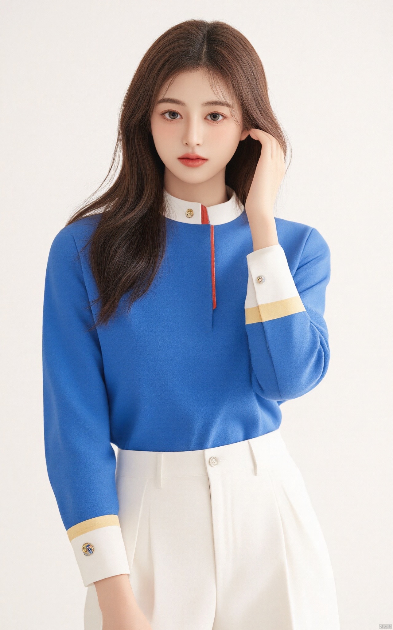 Captured in a low-angle shot, a woman dressed in a white skirt, adorned with a gold belt, stands in front of a stark white wall. The woman's hair is long and cascades down her shoulders, adding a touch of warmth to her outfit. Her eyes are a piercing blue, while her lips are a darker shade of brown. She has long brown hair, and her bangs are pulled back. She is wearing a blue long-sleeved shirt with a red stripe down the left side of her chest. The shirt is adorned with the letter "S" in blue, and the sleeves are adorned with gold bands. She stands with her left hand on her hip. Her left hand is draped over her right shoulder. Her right hand is positioned on her left wrist. Her hair is pulled back in a ponytail, and she has a slight smile on her face.