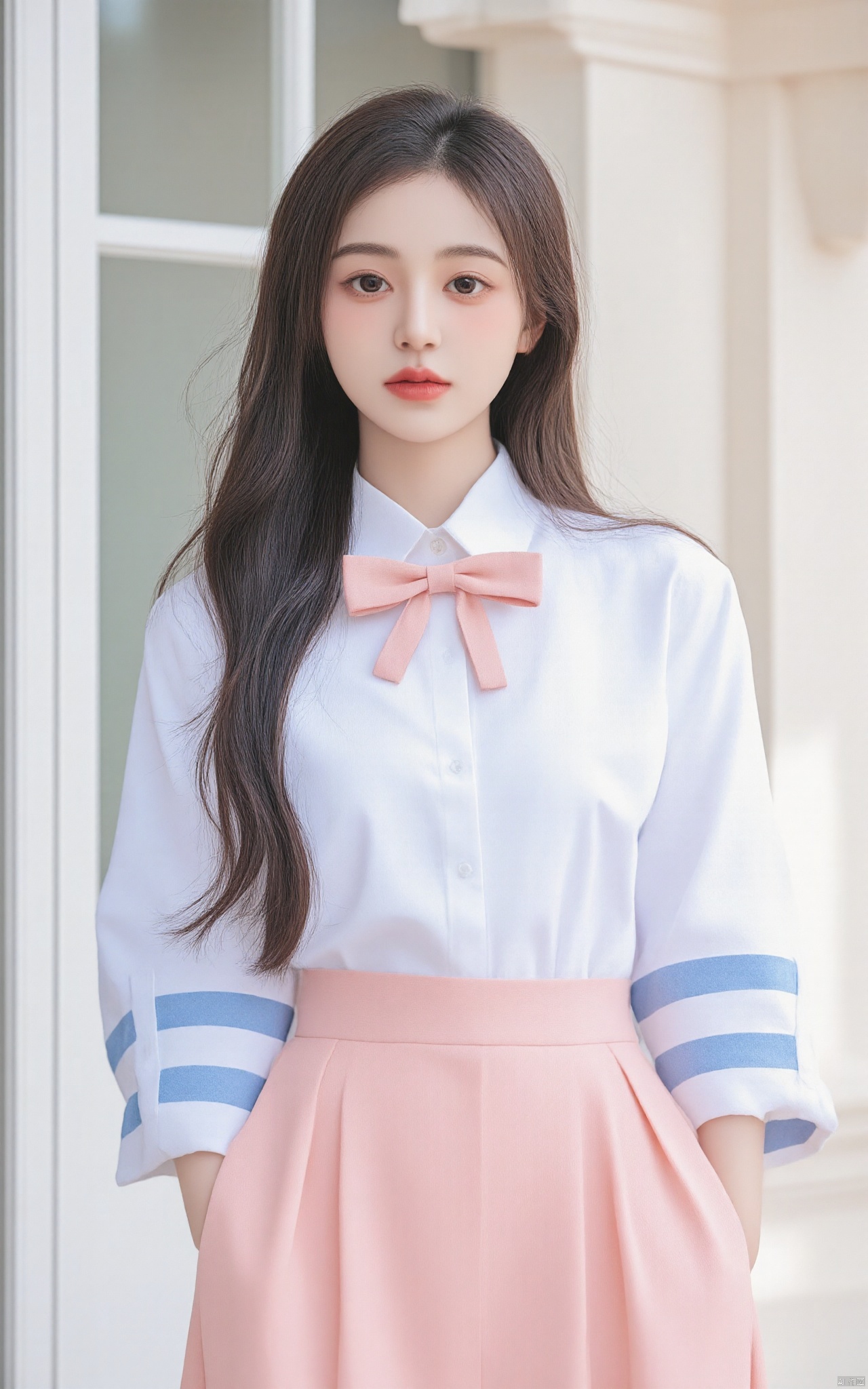 a young girl with long, light blue hair, wearing a pink bow tie, a white button-down shirt, and a pink skirt with blue stripes on the sleeves. Her hair is cascading over her shoulders, adding a pop of color to her outfit. She is standing in front of a backdrop of a building, with a white pillar and glass windows.