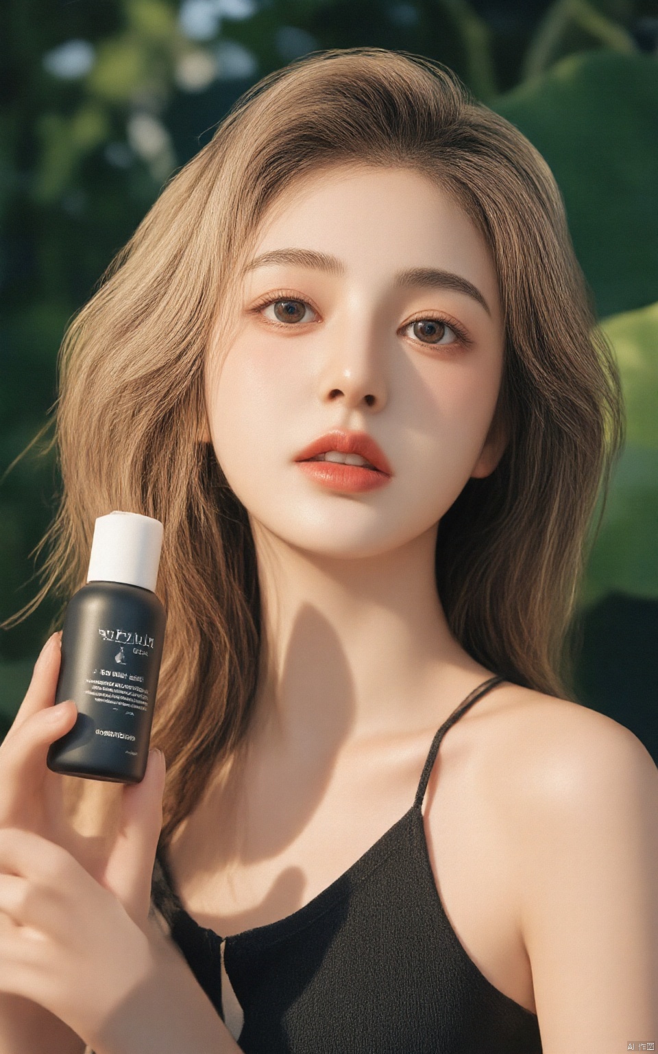 Close-up of a young woman holding makeup, with blonde and brown hair that falls in a waterfall, bronzed skin, light makeup, neutral lipstick, and a serious, slightly pensive expression.
Her eyes are slightly down and sideways to the viewer,she is wearing a black camisole.
She holds makeup in one hand, resting it on her shoulder, turning her face to look over her shoulder at the product.
She is holding a bottle of black shampoo in her hand, which appears to be a neutral light brown color, in the background is a forest with dappled light spilling over banana leaves.
The light is soft and even, with no harsh shadows.
The overall atmosphere is sophisticated and elegant.