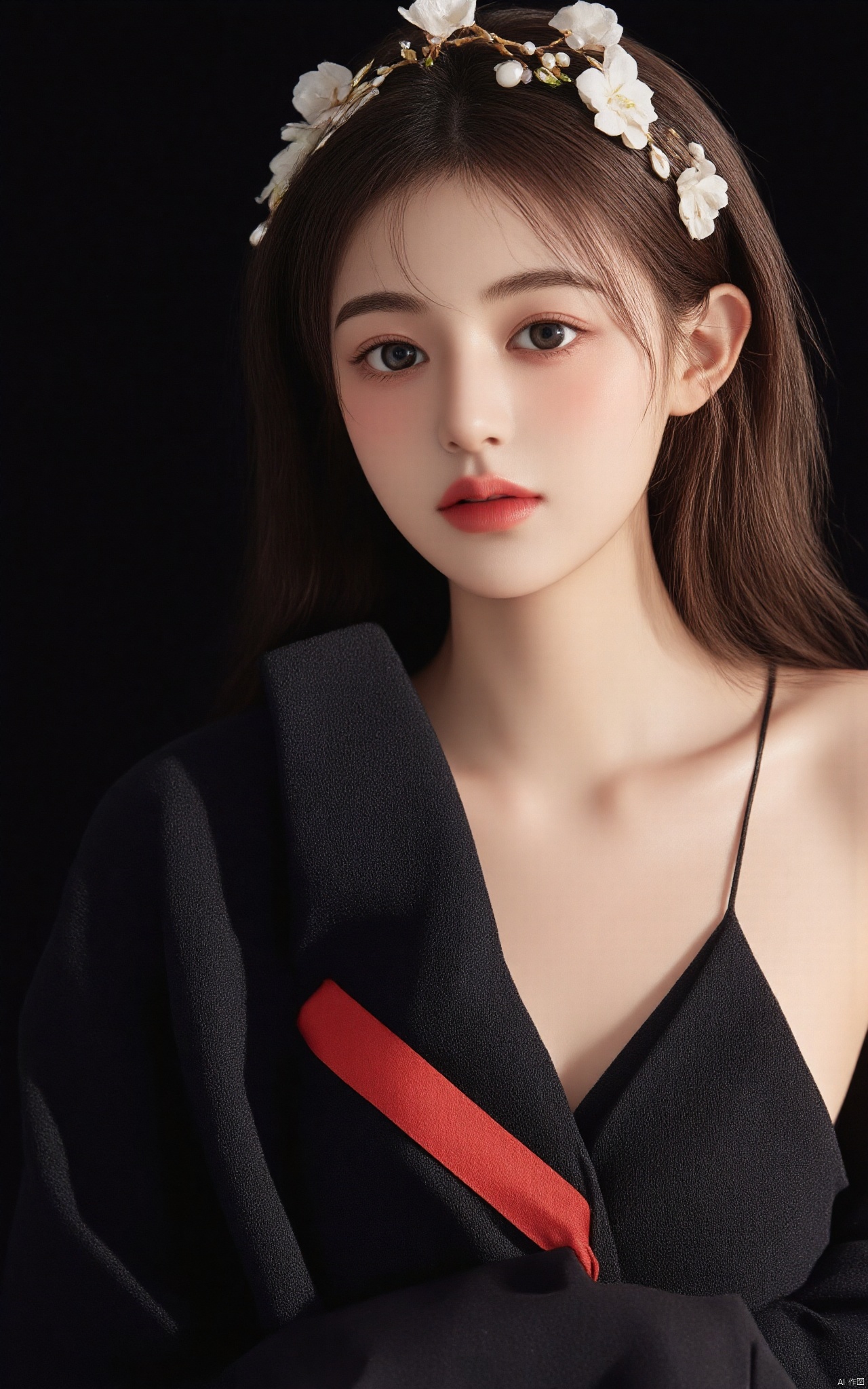 a young Asian woman, dressed in a black kimono, is adorned with a headband adorned with white flowers and pearls. Her hair is styled in a sleek bob, adding a pop of color to her face. The backdrop is a stark black, creating a stark contrast to her outfit. The woman's eyes are a piercing blue, her eyebrows are a darker shade of brown, and her lips are a lighter shade of blue. She is wearing a black scarf draped over her left shoulder. Her left arm is draped in a red ribbon, adding depth to the composition.