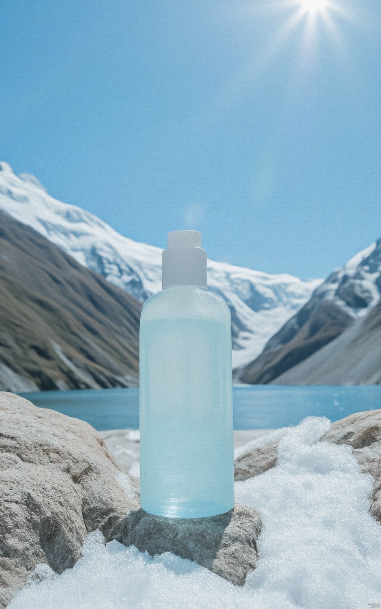 Mountain,a perfume on the rock,water,white mountain,sunshine,(8K ultra high definition quality, movie texture, ultra high definition resolution, real color, CG picture),(real texture, rich details, delicate skin),