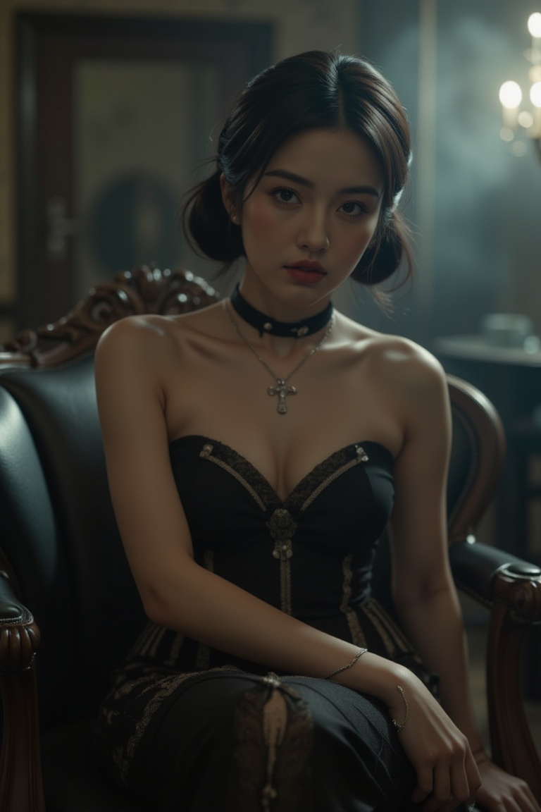 Here is a photo-realistic prompt for your request: In a dimly lit,  art deco-inspired setting with a smokey atmosphere and...