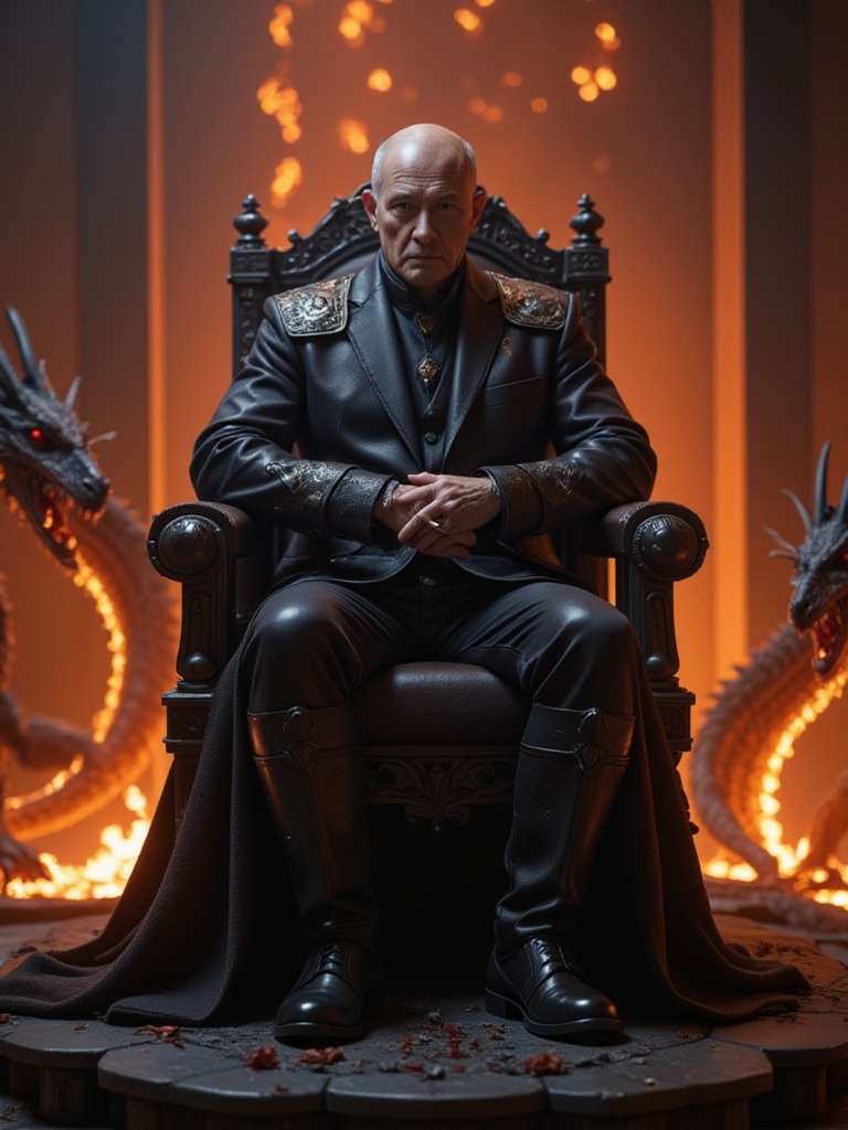 A malevolent monarch sits upon his throne,  Russian heritage evident in the battle-worn visage,  a devilish disguise adorn...