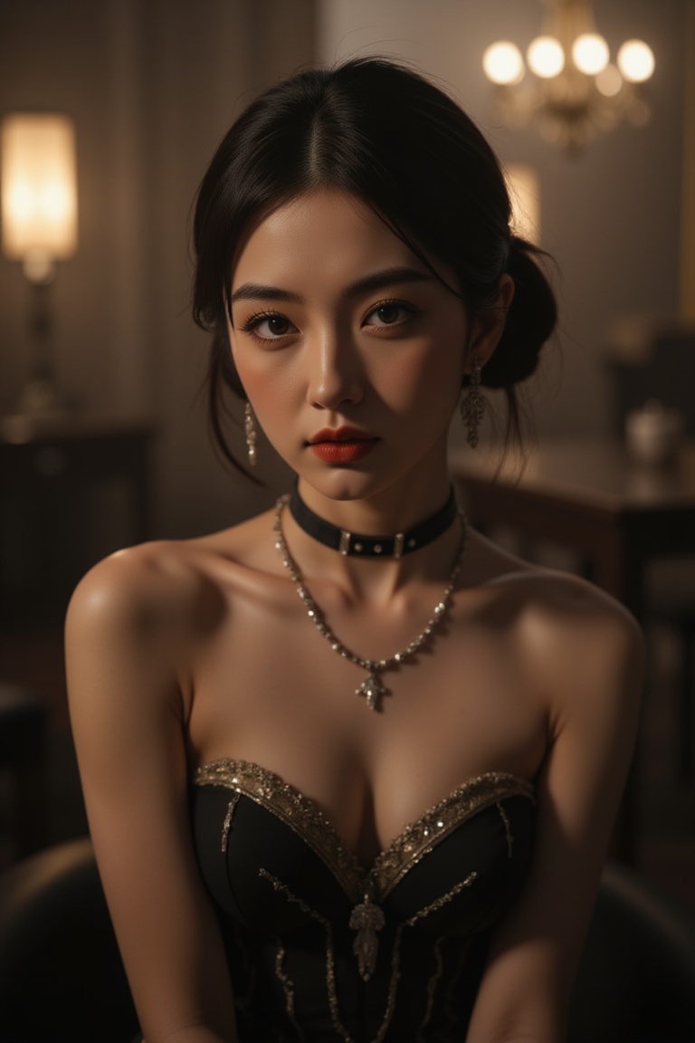 Here is a photo-realistic prompt for your request: In a dimly lit,  art deco-inspired setting with a smokey atmosphere and...