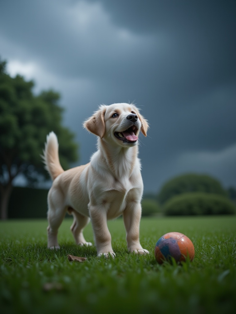 Snapshots of Joy: A playful pup stands tall on a lush green patch,  ears perked up and tail wagging wildly as it senses th...