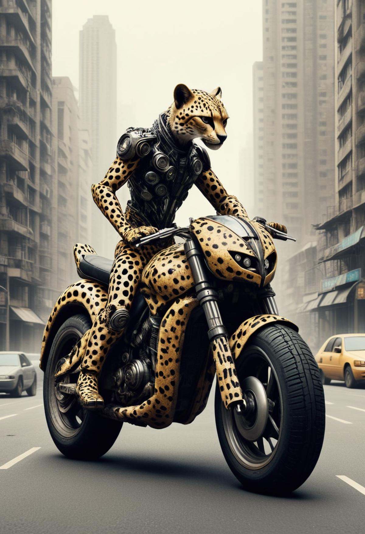 [cheetah in the shape of a motorbike | motorbike stylized as a cheetah,  in the style of Dan Hillier],  dystopian city Tra...