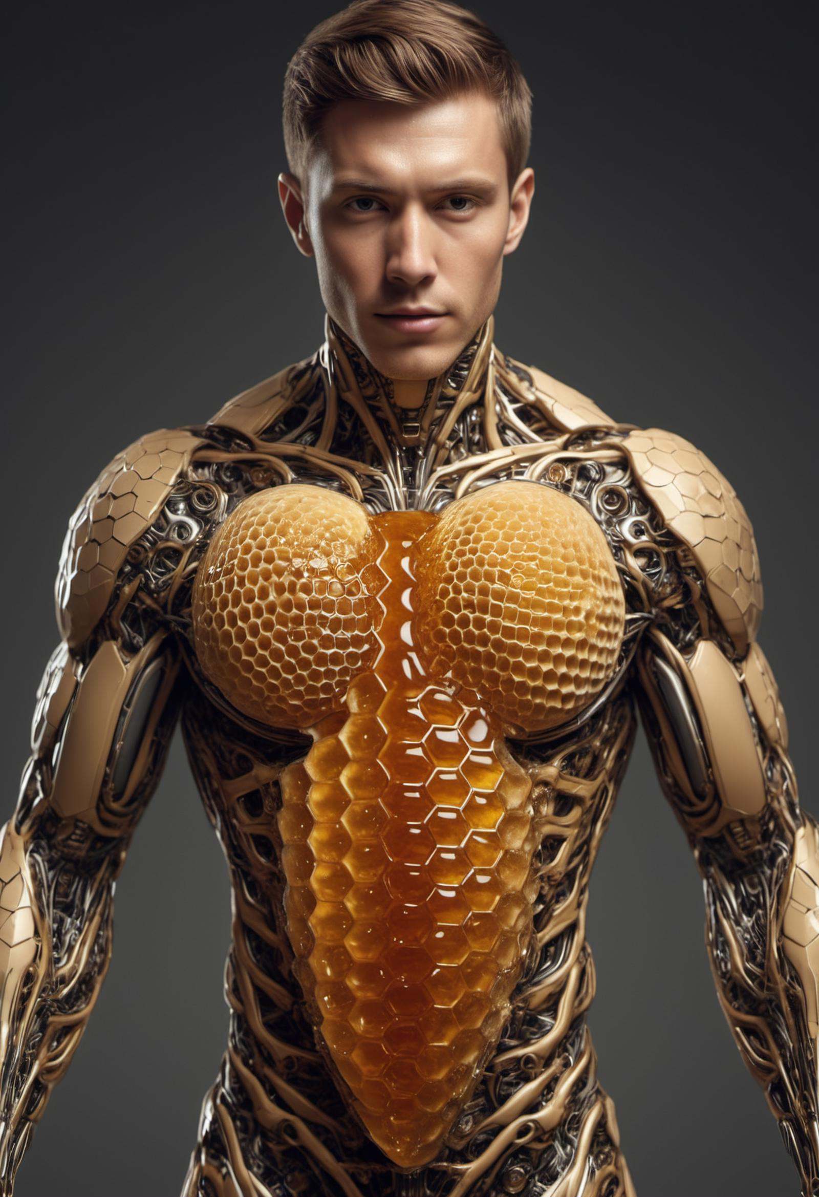 a man [wearing an unzipped open leather jacket : ,  vertical unzipped body,  revealing an inner honeycomb pattern and a he...