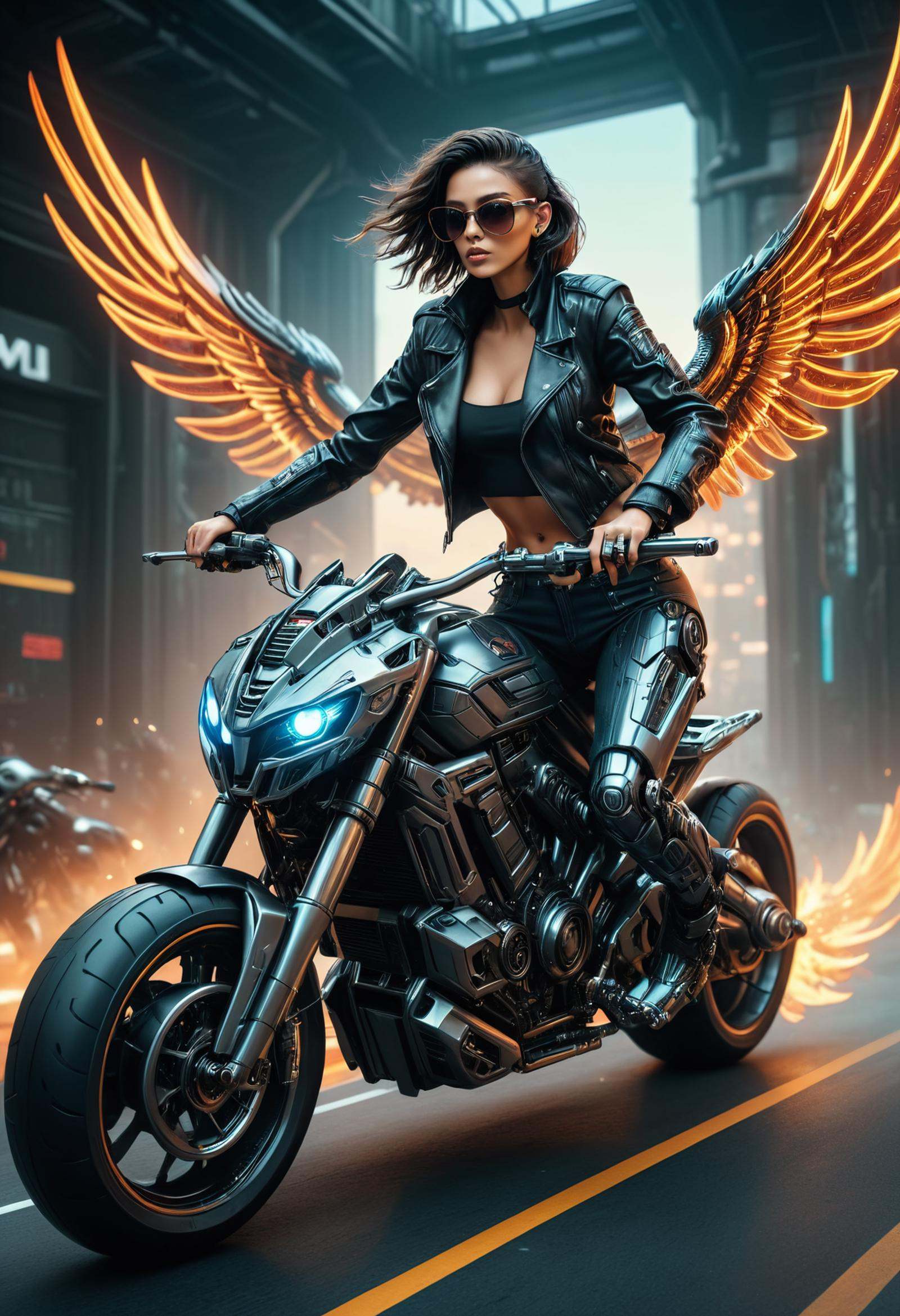 TransformersStyle,  cyberpunk woman with leather jacket and shades riding a big futuristic motorcycle,  bird-eye view on T...