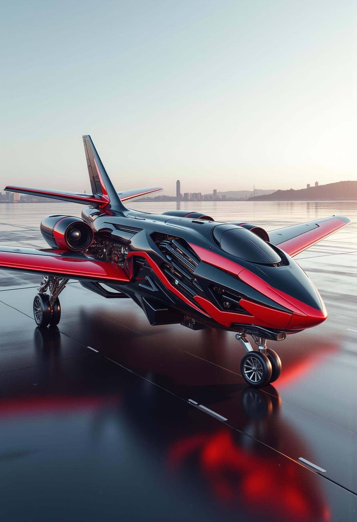 A photorealistic photo of a black and red airplane,  metallic-looking sharp design,  shiny two toned on Tensor.Art