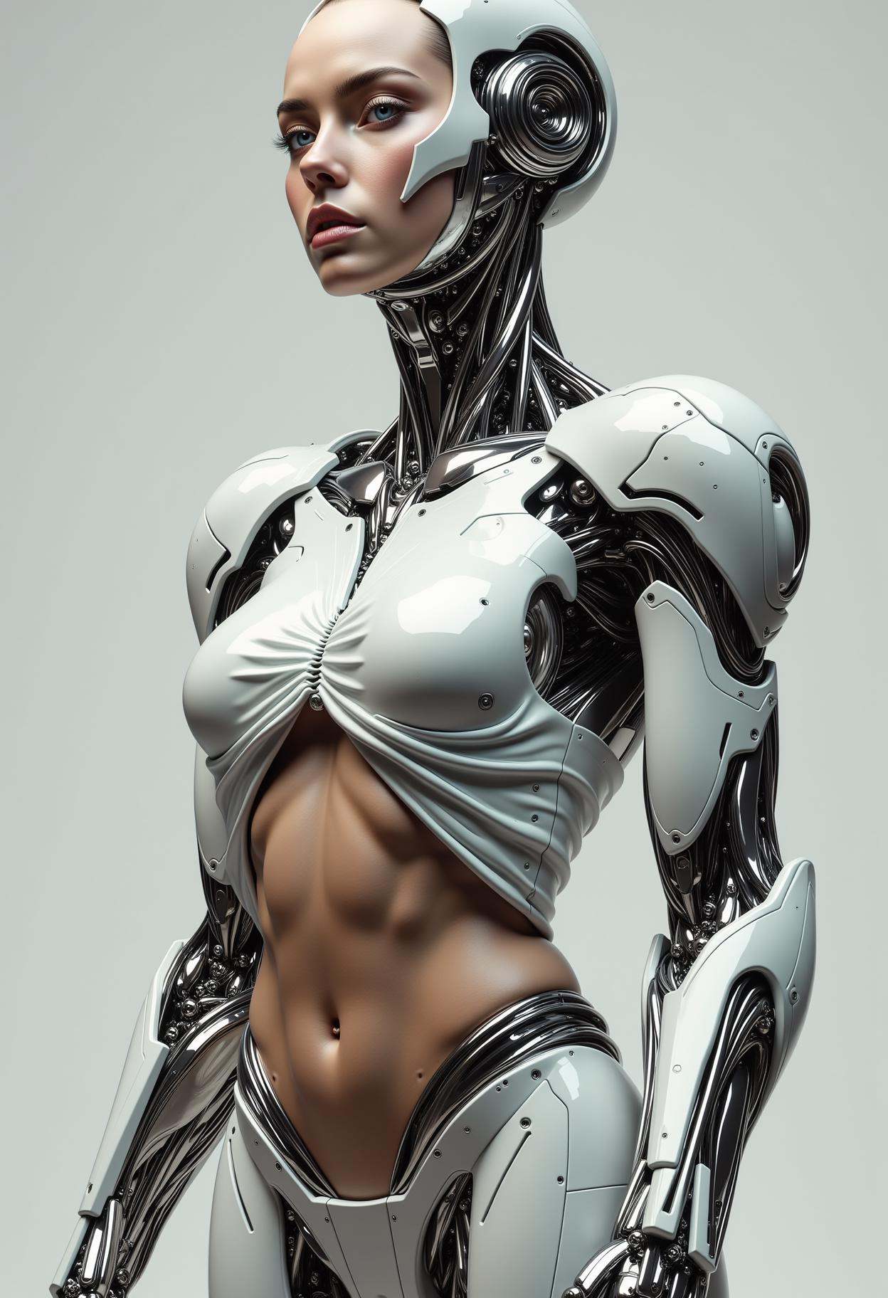 a woman lifting off her skin like a t-shirt to reveal a cyborg body on Tensor.Art