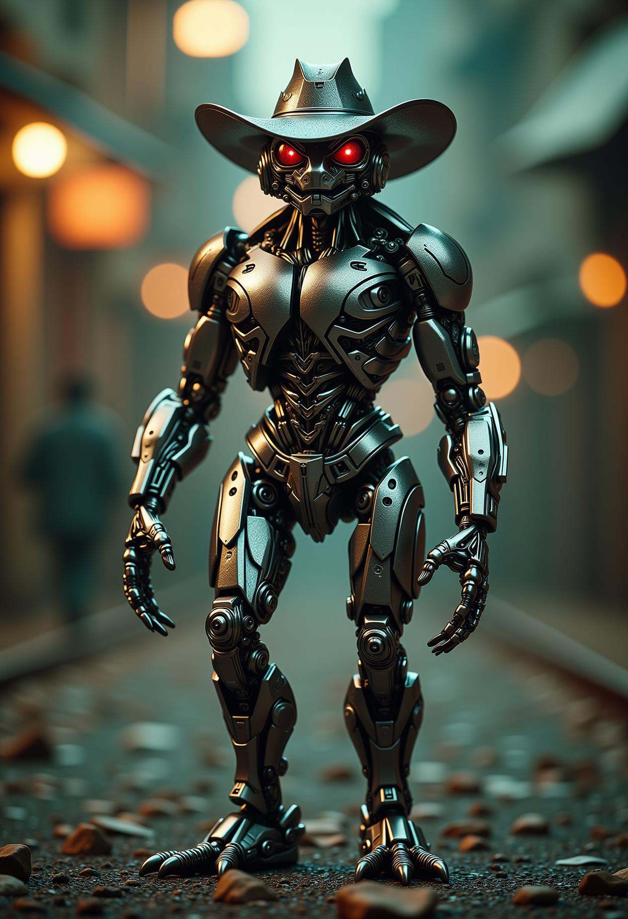 cinematic film still,  full body view of a mechanical infamous meme frog man,  cowboy hat on Tensor.Art