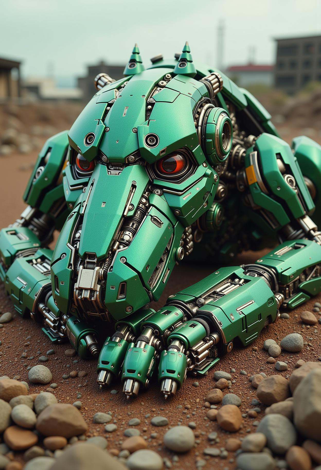 emerald rusty big robot dog,  sleeping in a scrap yard on Tensor.Art