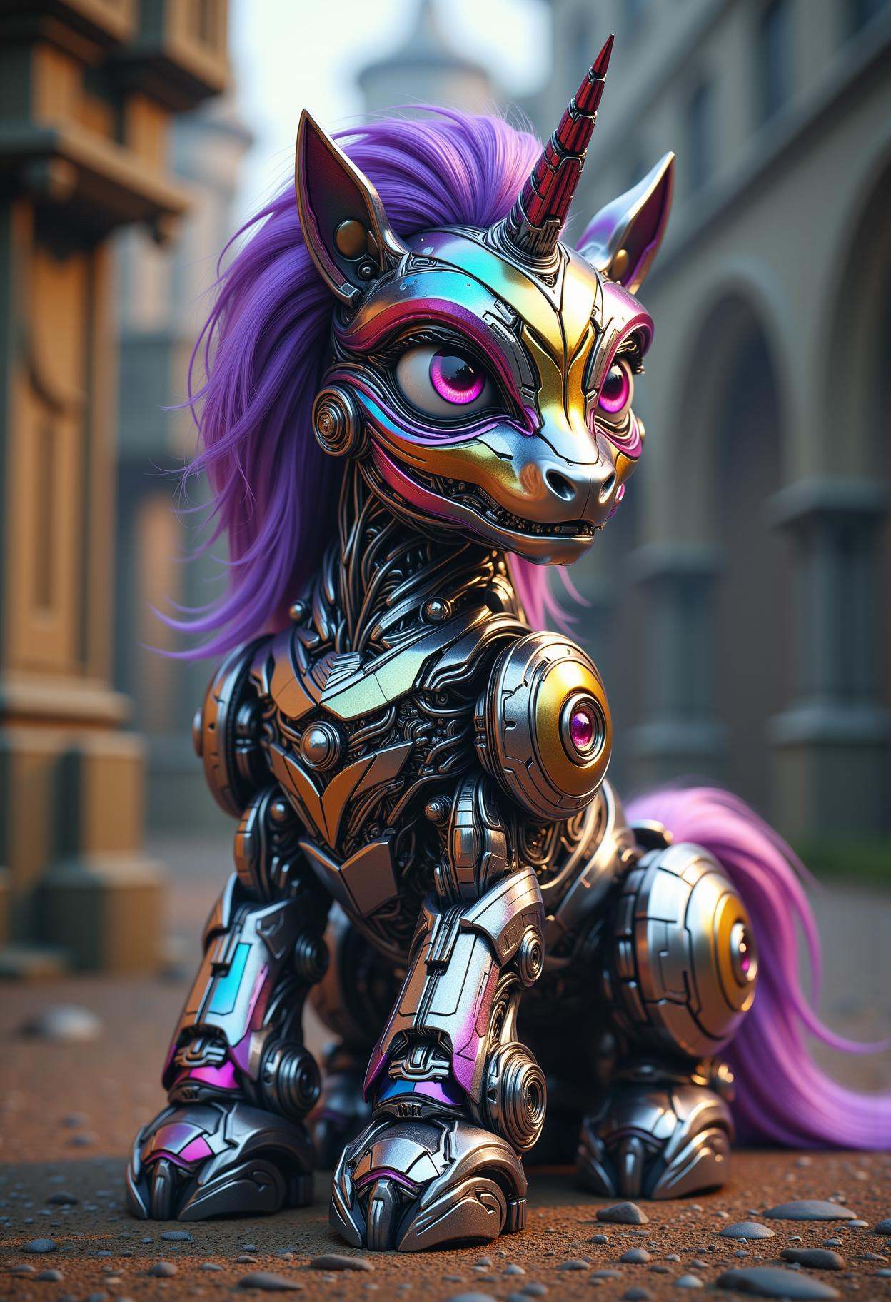 cybernetic rainbow pony sitting on its butt with a weird expression on its face and purple mane,  medieval atmosphere on T...