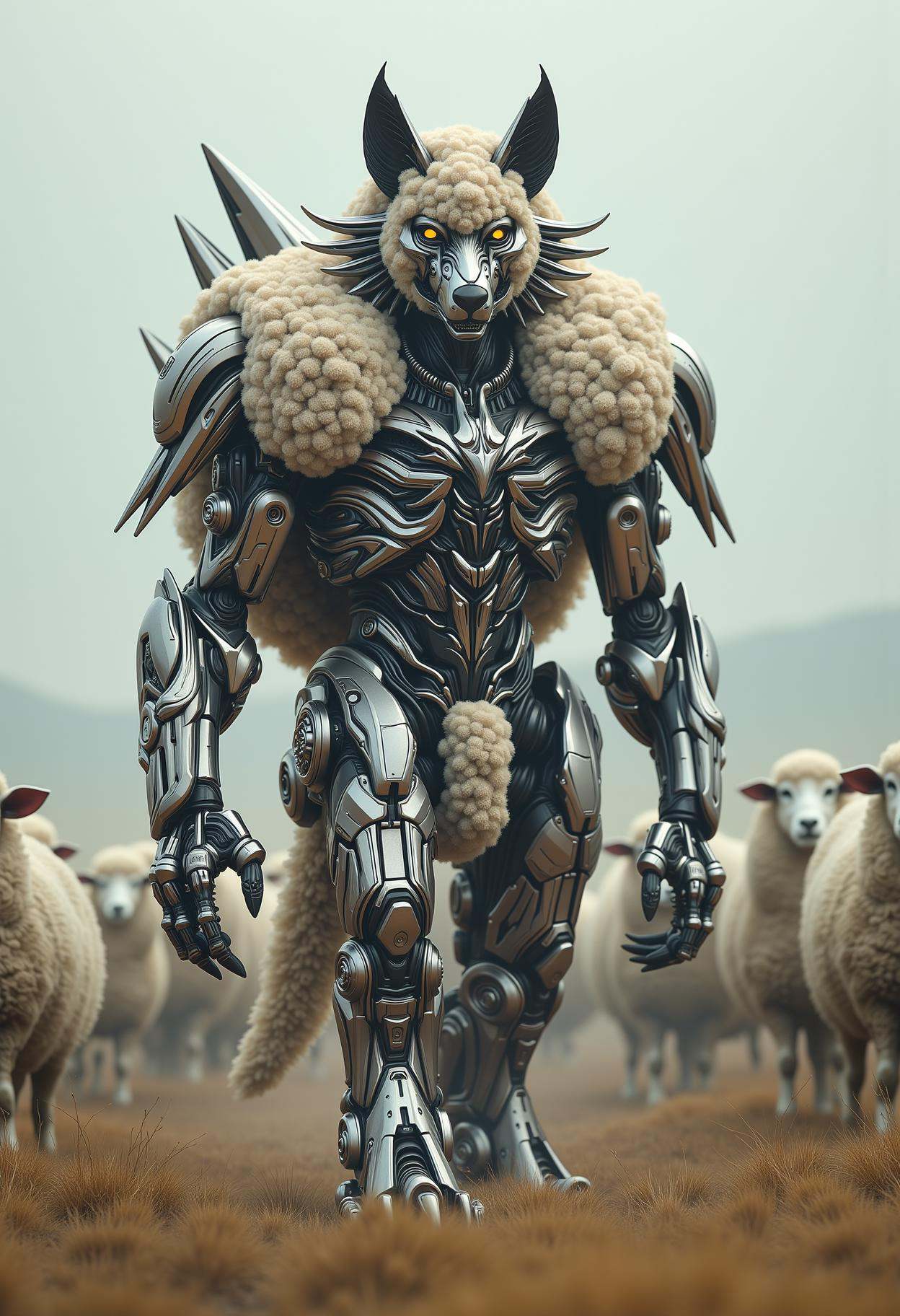 Biomechanical wolf wearing sheep costume,  many sheep in the background on Tensor.Art