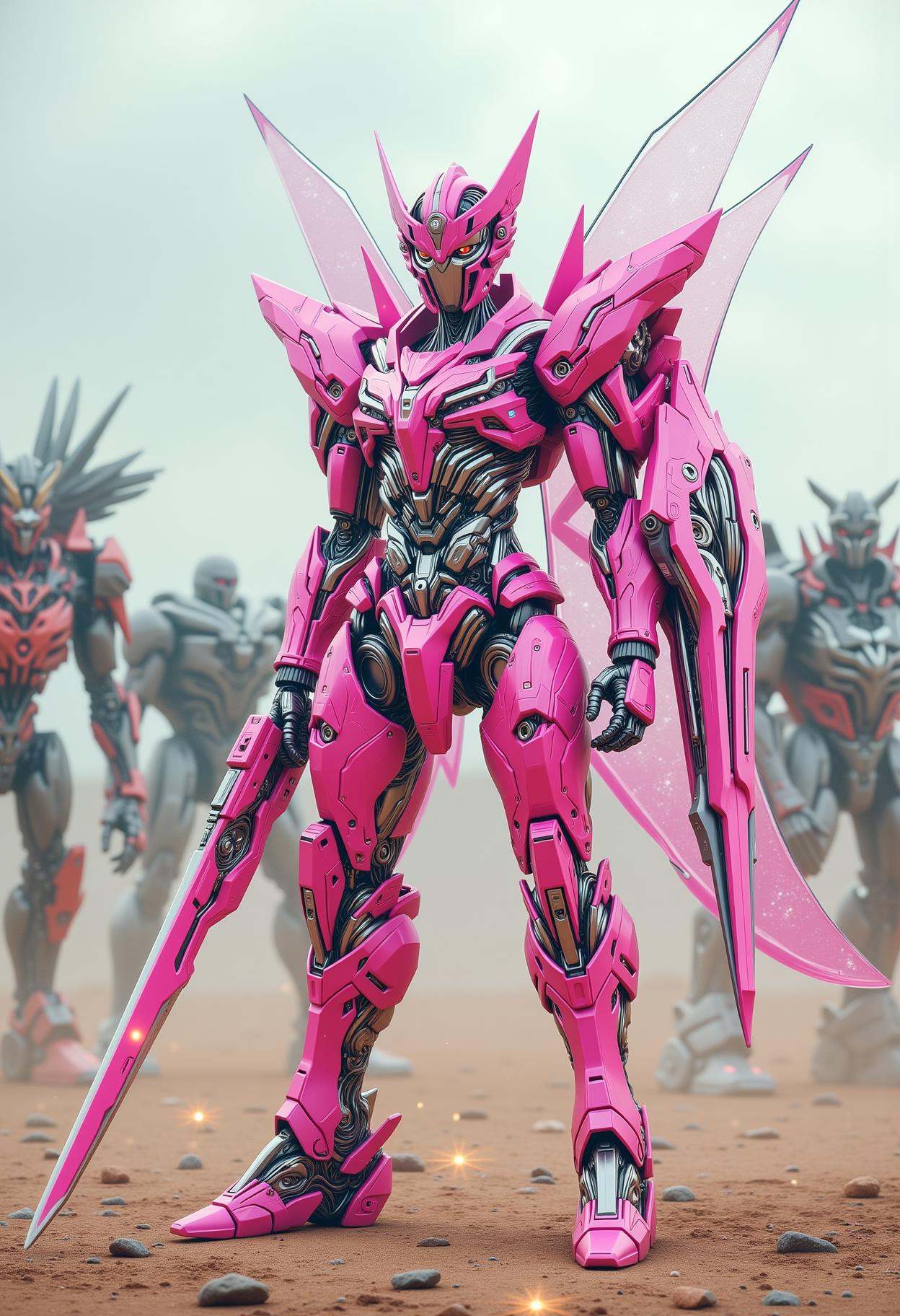 A battle-hardened,  cybernetic warrior in sleek,  high-tech pink armor on Tensor.Art