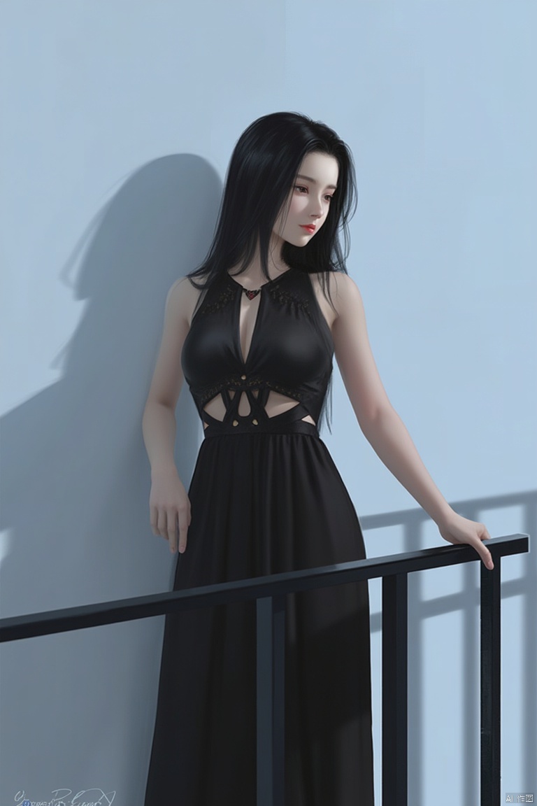 A digital art painting depicting,
a young Asian woman stands with her left hand on a black railing, her right hand resting on the railing. She is wearing a black sleeveless dress, adorned with a cut-out design on the front. Her hair is long and cascades over her shoulders, framing her face. The backdrop is a stark light blue, with a shadow of a woman's shadow cast on the wall behind her.
