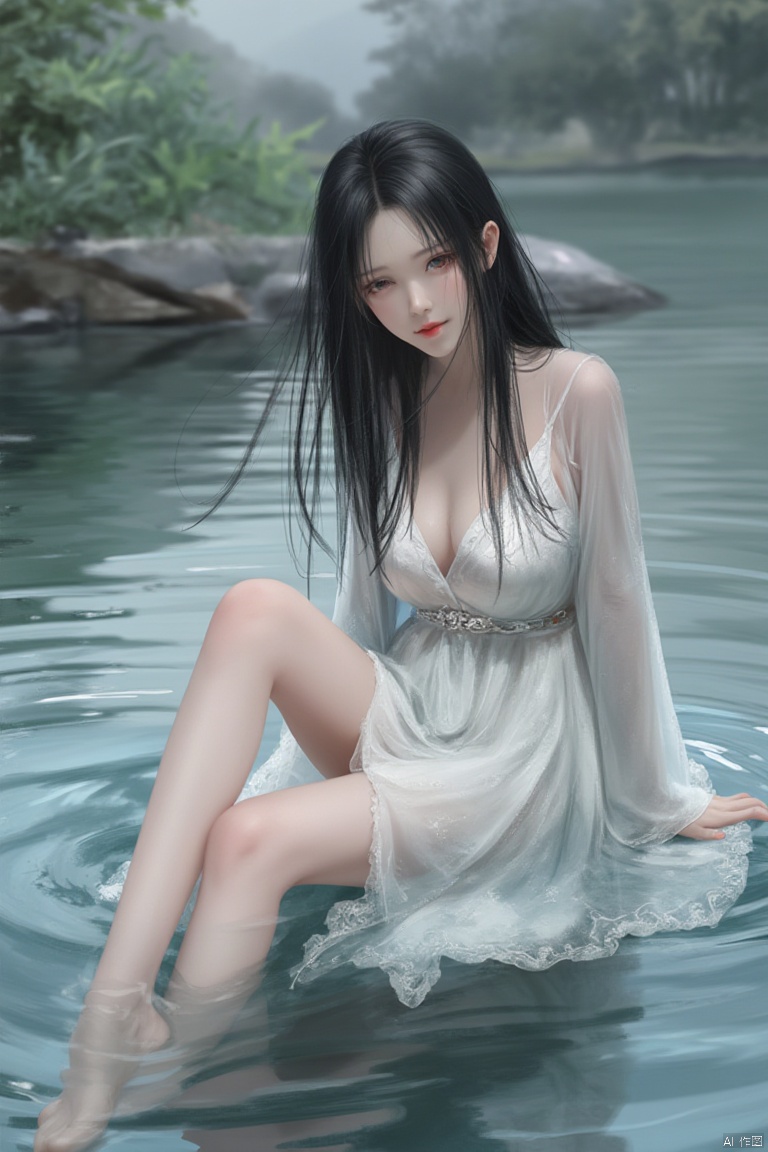 A medium angle photo captures a woman wearing long black hair and a white dress. She sat barefoot in the river, looking up at the camera, adding a touch of charm to her clothes. The background is scenery, adding depth to the composition.