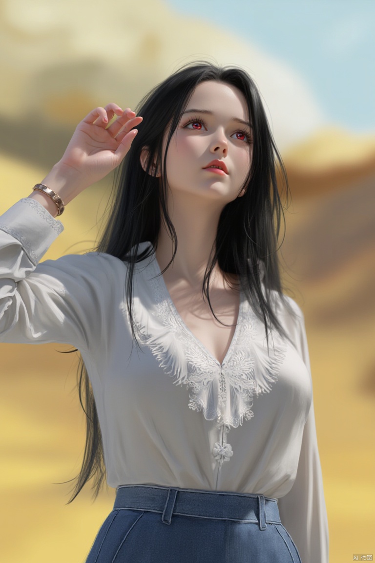 A woman with long black hair, wearing a white shirt, stood in front of the blurry background of the desert landscape. The collar of this lady's dress is adorned with white embroidery, and she is wearing a blue denim shorts. Her eyes are deep red and her hair is dark black. She looked up at the sky, her hands raised in the air, adding a touch of contrast to the scene. The background is a mixture of yellow, orange, and blue, forming a sharp contrast with women's clothing.