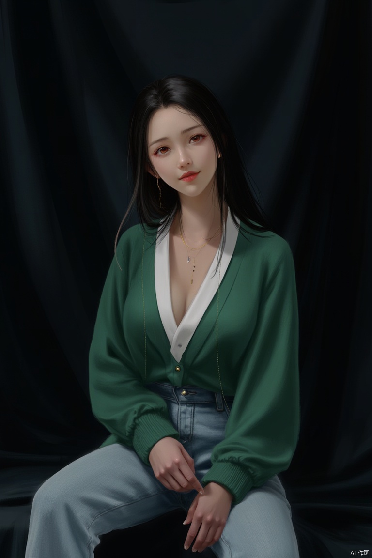 a medium-sized Asian woman is seated against a black backdrop. She is dressed in a green cardigan, adorned with a white v-necklace and a pair of light blue jeans. Her hair is pulled back, framing her face, adding a pop of color to the scene. The woman's expression is neutral, with a slight smile on her face. Her left hand is resting on her hip, while her right hand rests on her lap. The backdrop is a dark shade of black, creating a stark contrast to the woman's outfit.