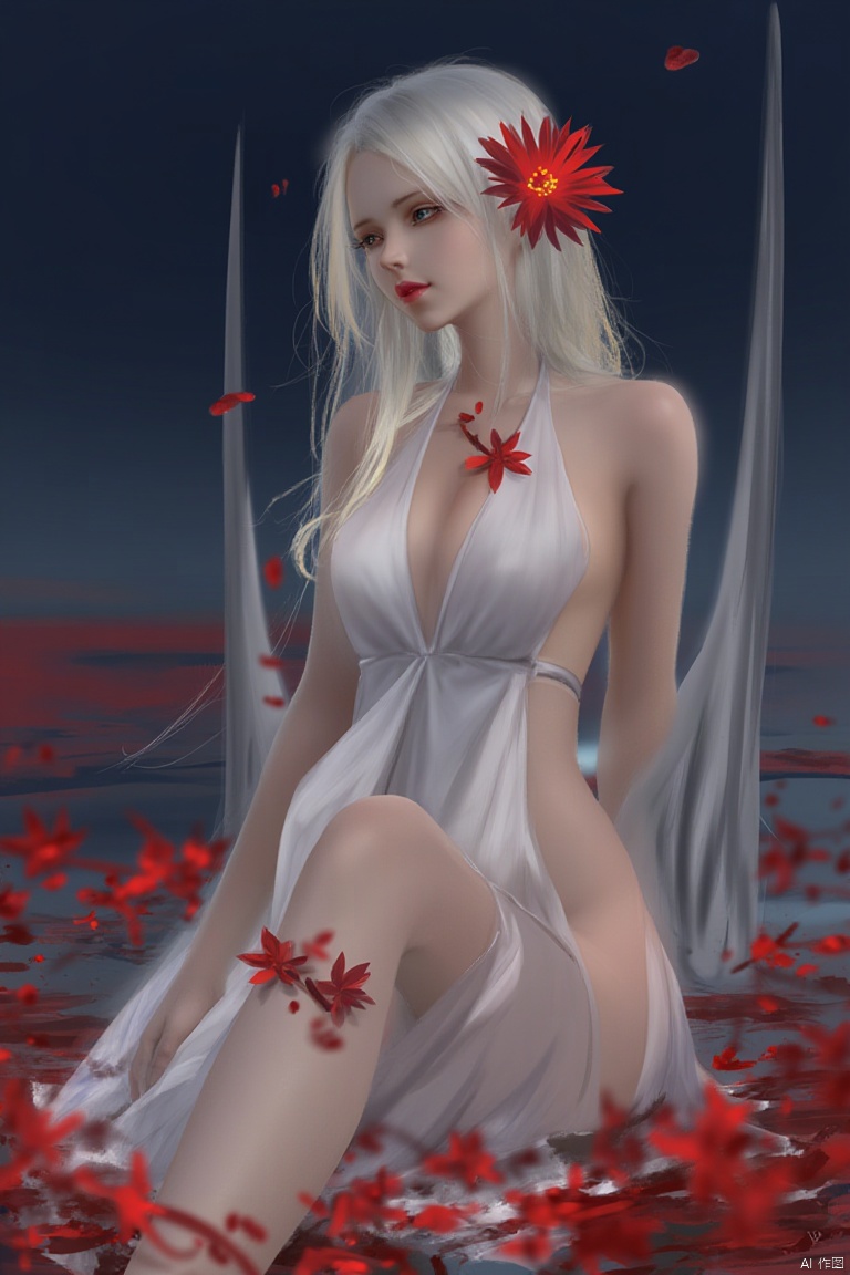 a digital painting captures a woman in a white dress, adorned with long blonde hair, Her left leg is bent at the elbow, while her right leg is crossed at the waist. The woman's hair is adorned with red flowers, adding a pop of color to the scene. The scene is set against a backdrop of a dark blue sky, creating a striking contrast with the vibrant red flowers.