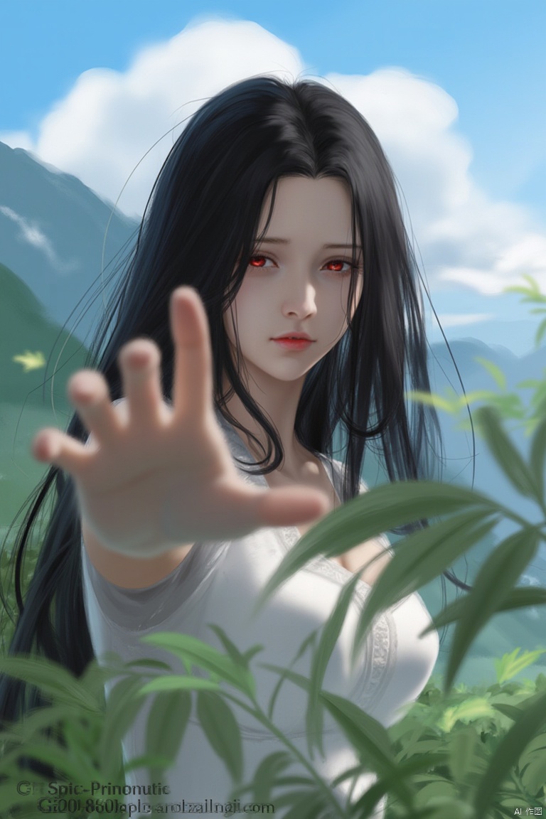 A digital art painting depicting a woman with long dark hair and red eyes. She is wearing a white dress. Her hand was facing the camera as if trying to hold onto something. She had a sad expression, with green leaves in front of her. There is a mountain behind her. The sky above her is blue with white clouds.