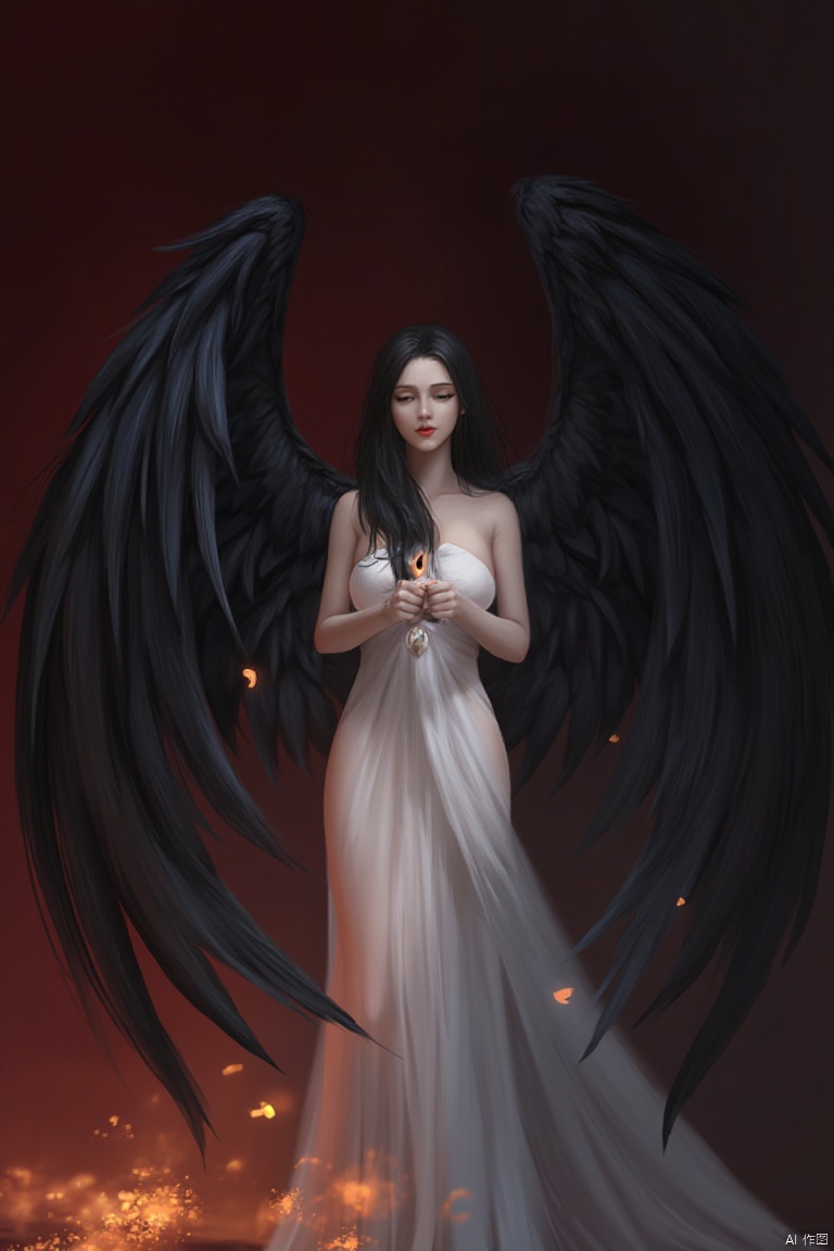 A digital art painting of a woman in a white dress with long black wings. She has long dark hair. Her eyes are closed and her lips are slightly parted. The wings she is holding are black and long. There are orange lights on the left side of the image. The background is dark red.