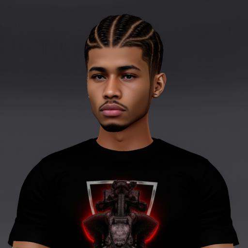 vu style,  The image is a digital CGI rendering of a young man standing against a plain dark grey background. He has a med...