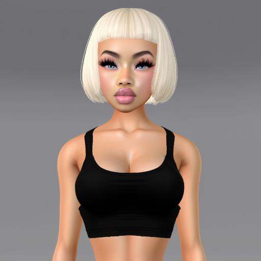 vu style,  This is a digital 3D rendering of a female character with a striking appearance. She has a short,  platinum blo...