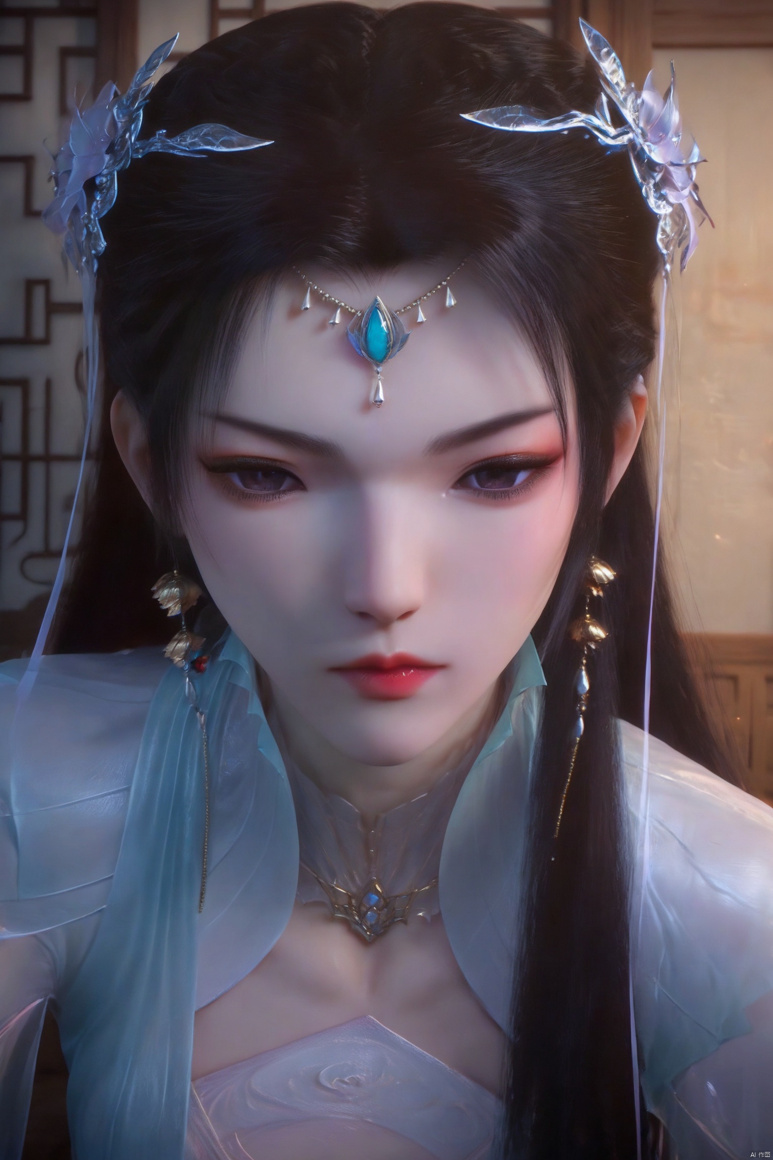 score_9,score_8_up,score_7_up,source_anime, 1girl,solo,long hair,black hair,hair ornament,jewelry,indoors,necklace,architecture,east asian architecture, eyelashes,makeup,lipstick,pale skin,translucent,realistic,high detailed skin,(detailed skin:1.1),yiwenjun