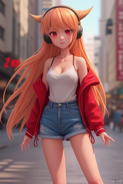 Ultra-clear quality, 8k, 3D anime character, realistic style, 1 girl, headphones, red eyes, camisole, red jacket, denim shorts, sneakers, depth of field, blurred background,