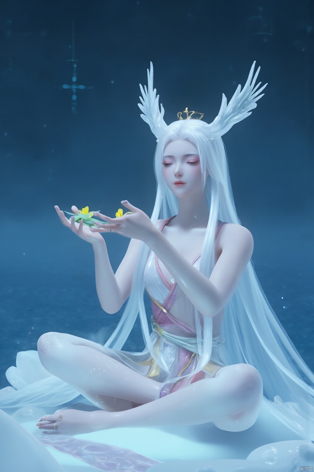 Chinese mature woman, sitting cross-legged on a white lotus throne, wearing a golden hat on her head, anime style appearance, white neon bra, white Hanfu, golden crown, eyes closed, girl, jewelry, long hair, white hair, cute, Hanfu, Dunhuang, hold out the hydrangeas with both hands, hold them tightly, look at the hug, look at the body, the cute little princess, Mrs. Dragon, wearing a pair of dragon horns on her head ((Masterpiece, best quality)),(( Well structured, well composed, luminous), translucent woman), tiny gold accents, beautiful and intricate details, ethereal light, whimsical imagining, art by Michif blue theme, off original, view ( beautiful),transparent,shiny_clothes,pink chest pleated skirt,white with yellow pimples,pink pimples,((water drops)),wet clothes,((beautiful details water)),(( Floating)), dynamic angle, ((beautiful details of the butterfly)), ((beautiful details of the stars)), ((slip dress)), particles, (beautiful details of the starry sky), (hazy fog), (beautiful Fragments) details), (((standing on the sea))), yellow belt, purple belt with white belt, light green belt,(big breasts:1.89),,(Pure blue sea:1.6),Xyuanyao