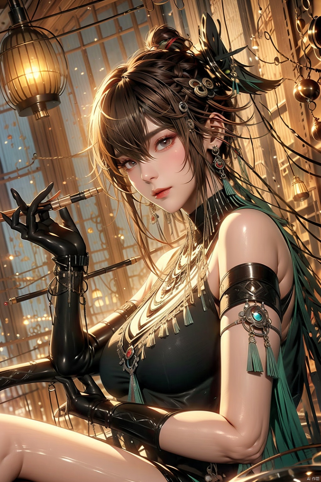 1girl solo long hair breasts looking at viewer smile bangs large breasts brown hair black hair hair ornament red eyes gloves dress holding hair between eyes bare shoulders jewelry sitting braid sidelocks multicolored hair earrings sleeveless black gloves elbow gloves indoors black dress bracelet armlet lantern asymmetrical clothes smoking pipe holding smoking pipe
