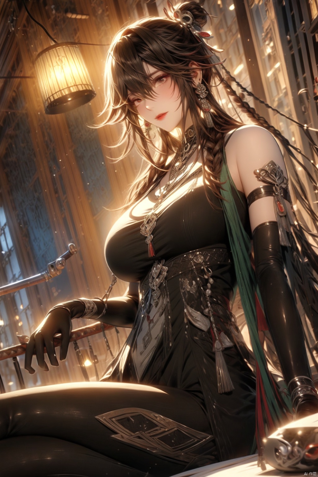 1girl solo long hair breasts looking at viewer smile bangs large breasts brown hair black hair hair ornament red eyes gloves dress holding hair between eyes bare shoulders jewelry sitting braid sidelocks multicolored hair earrings sleeveless black gloves elbow gloves indoors black dress bracelet armlet lantern asymmetrical clothes smoking pipe holding smoking pipe
