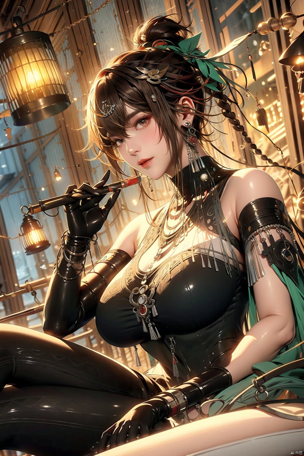 1girl solo long hair breasts looking at viewer smile bangs large breasts brown hair black hair hair ornament red eyes gloves dress holding hair between eyes bare shoulders jewelry sitting braid sidelocks multicolored hair earrings sleeveless black gloves elbow gloves indoors black dress bracelet armlet lantern asymmetrical clothes smoking pipe holding smoking pipe
