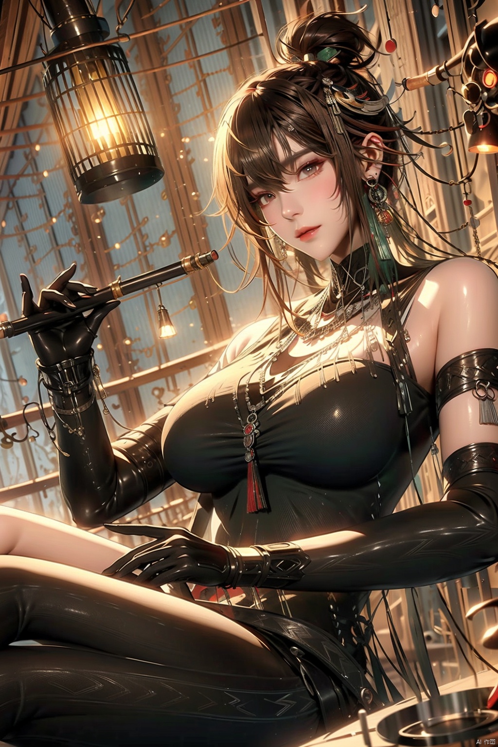 1girl solo long hair breasts looking at viewer smile bangs large breasts brown hair black hair hair ornament red eyes gloves dress holding hair between eyes bare shoulders jewelry sitting braid sidelocks multicolored hair earrings sleeveless black gloves elbow gloves indoors black dress bracelet armlet lantern asymmetrical clothes smoking pipe holding smoking pipe
