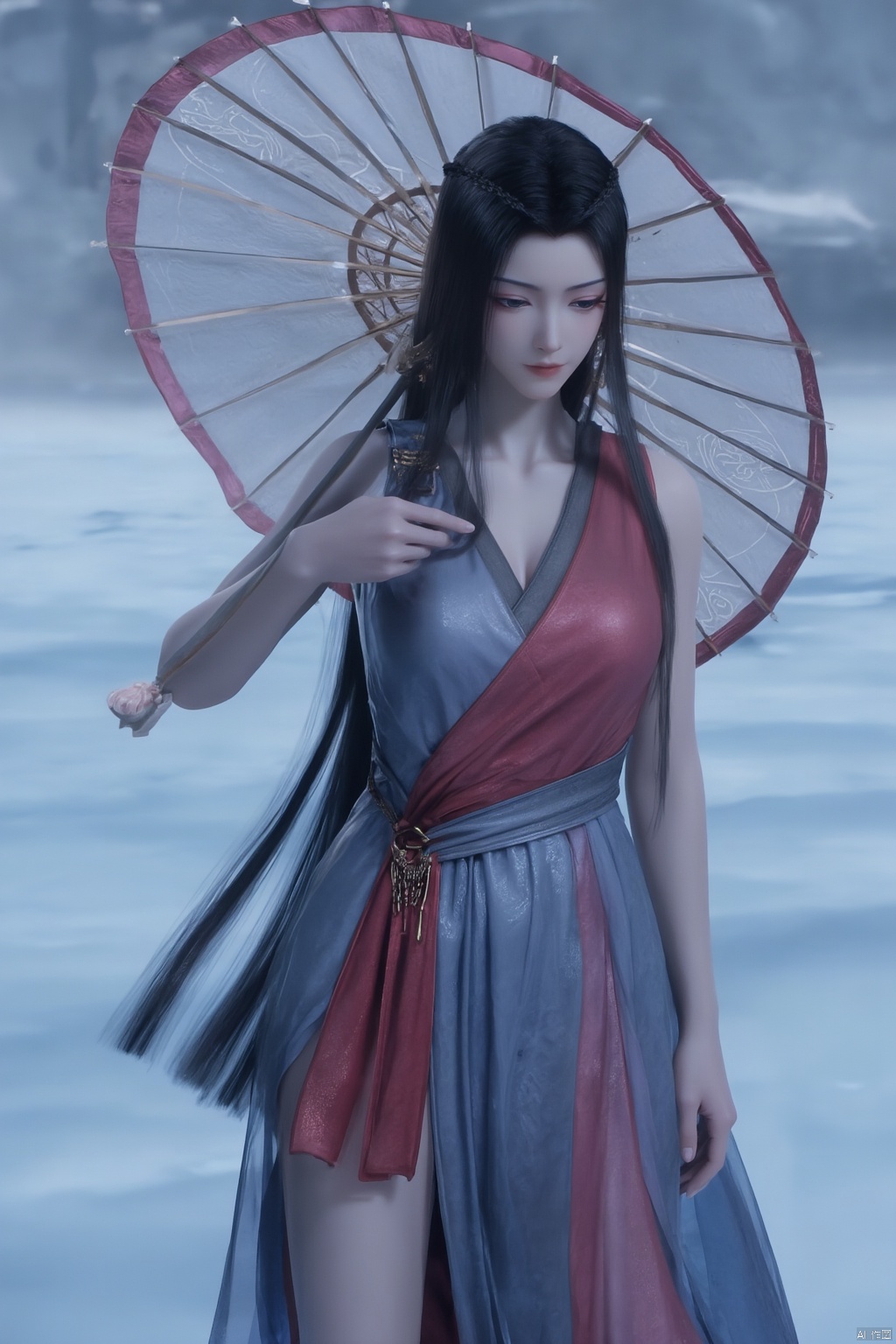1girl,Oil-paper umbrella,hanfu,hair flower,holding umbrella,(big breasts:1.89),,(Pure blue sea:1.6),Xyuanyao